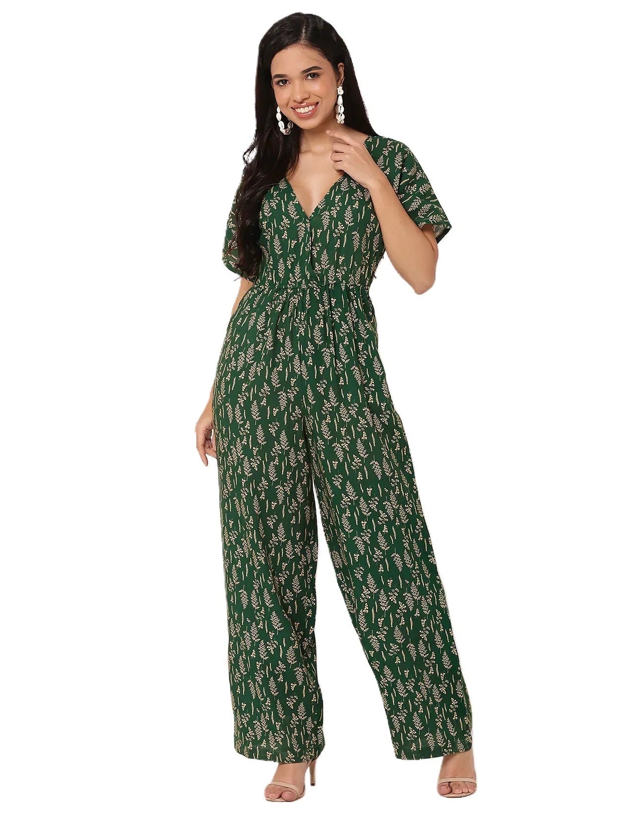 Short Sleeve Full Leg Printed Rayon Jumpsuit