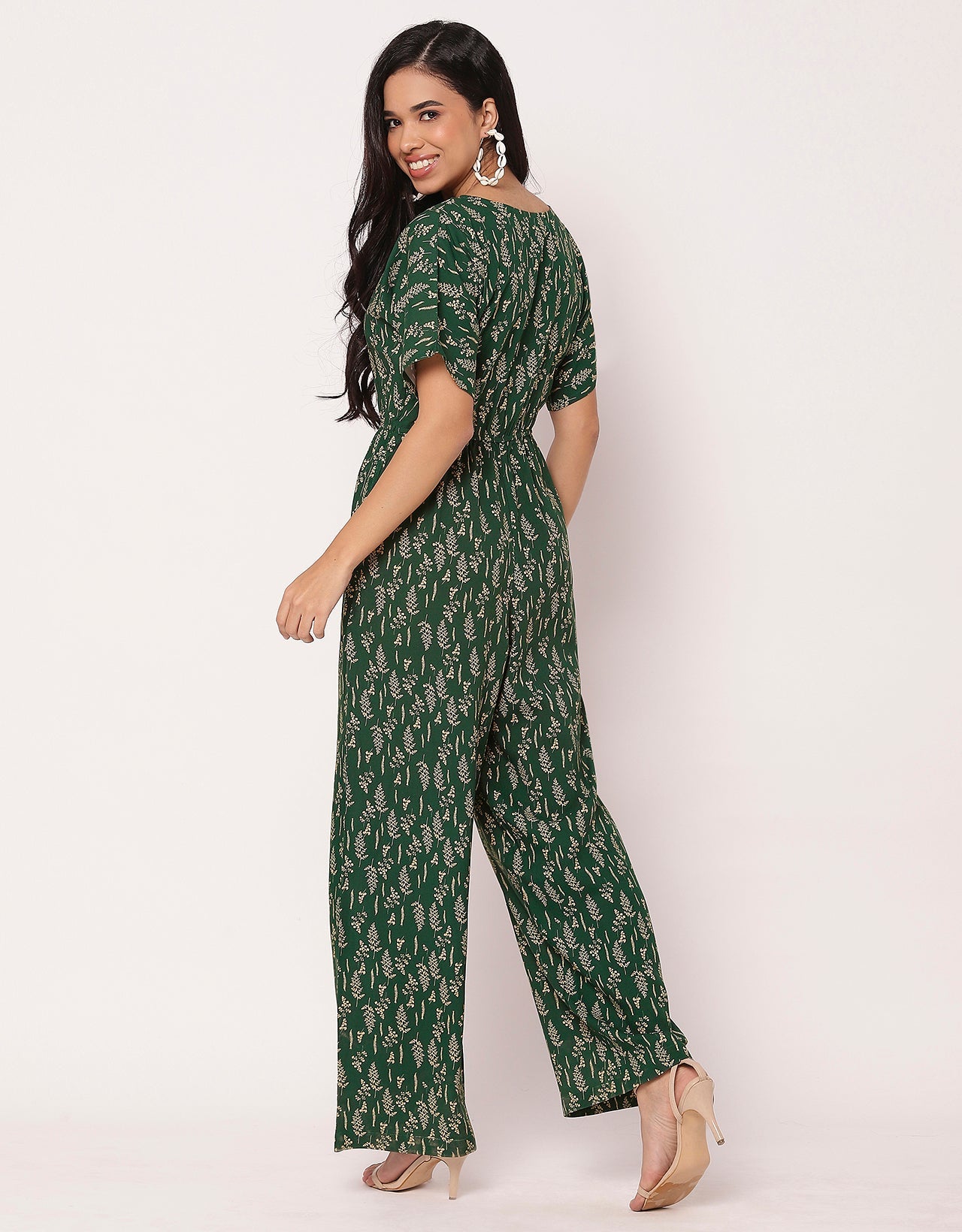 Short Sleeve Full Leg Printed Rayon Jumpsuit