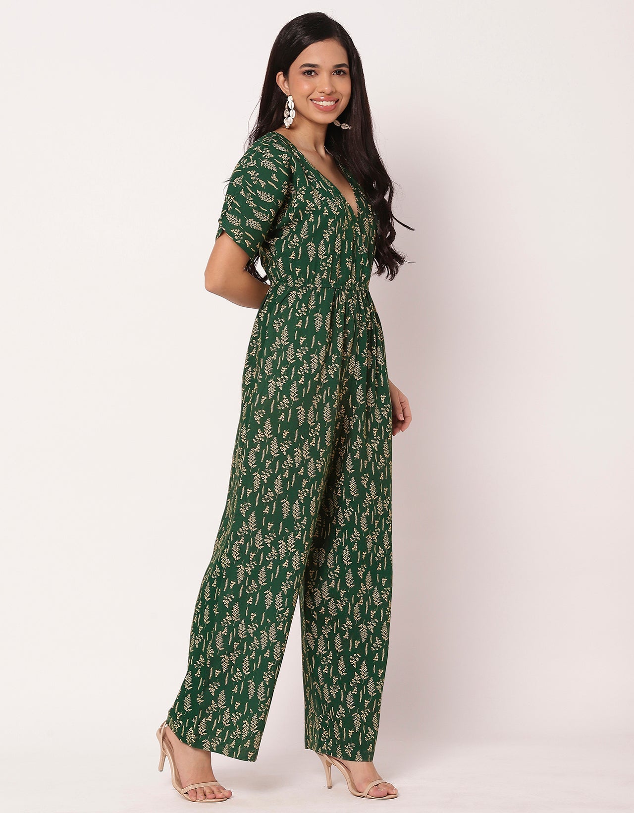 Short Sleeve Full Leg Printed Rayon Jumpsuit