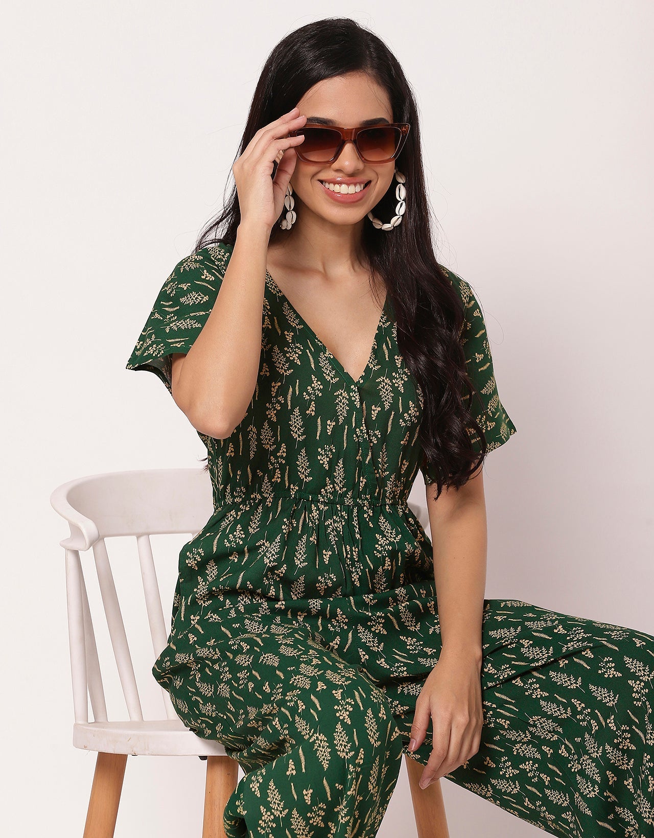 Short Sleeve Full Leg Printed Rayon Jumpsuit