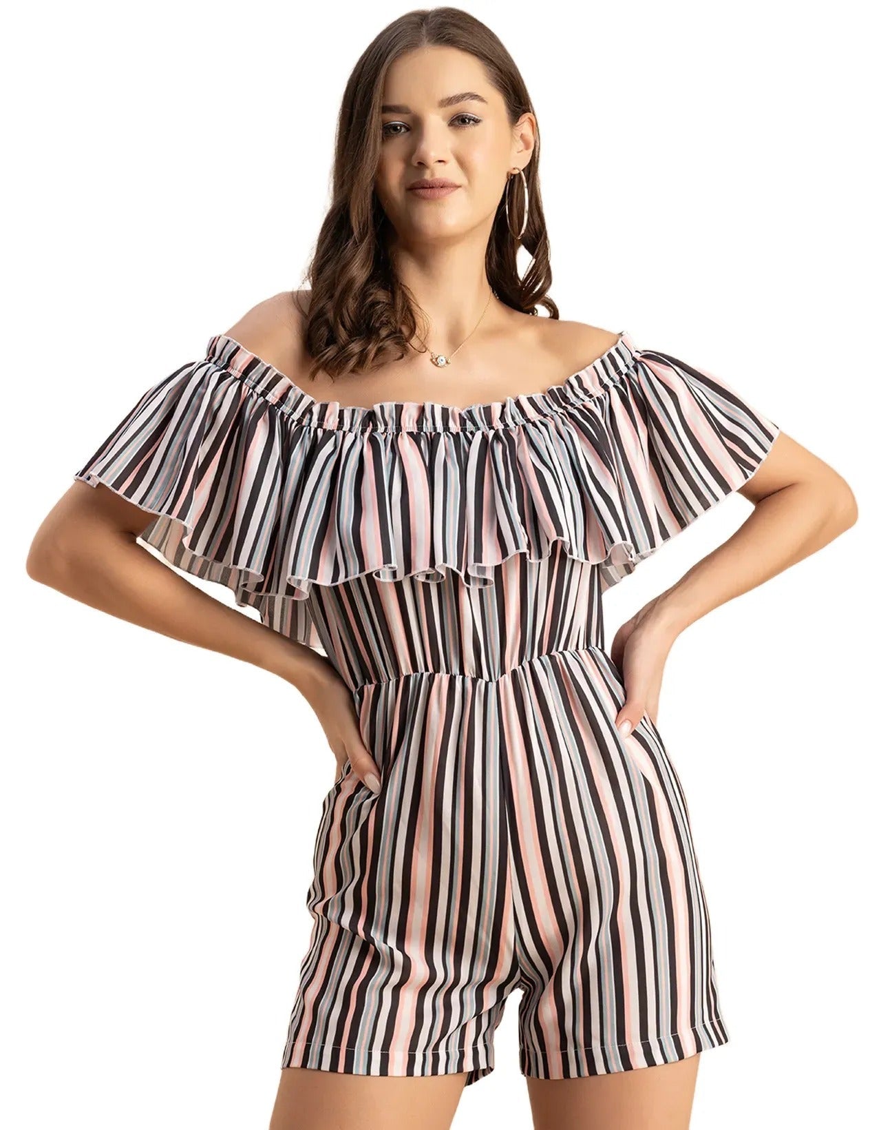 Chic Printed Off Shoulder Jumpsuit - Trendy Romper