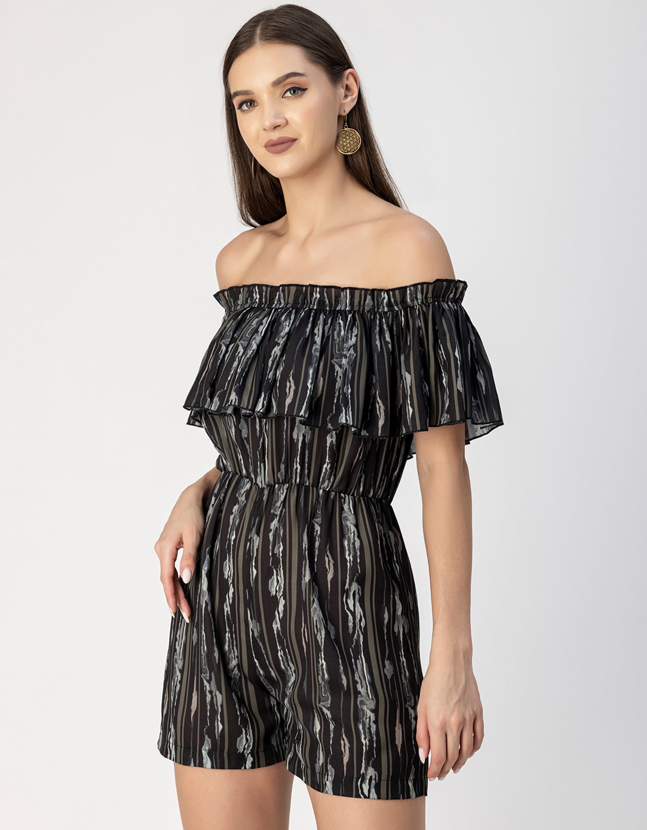 Chic Printed Off Shoulder Jumpsuit - Trendy Romper