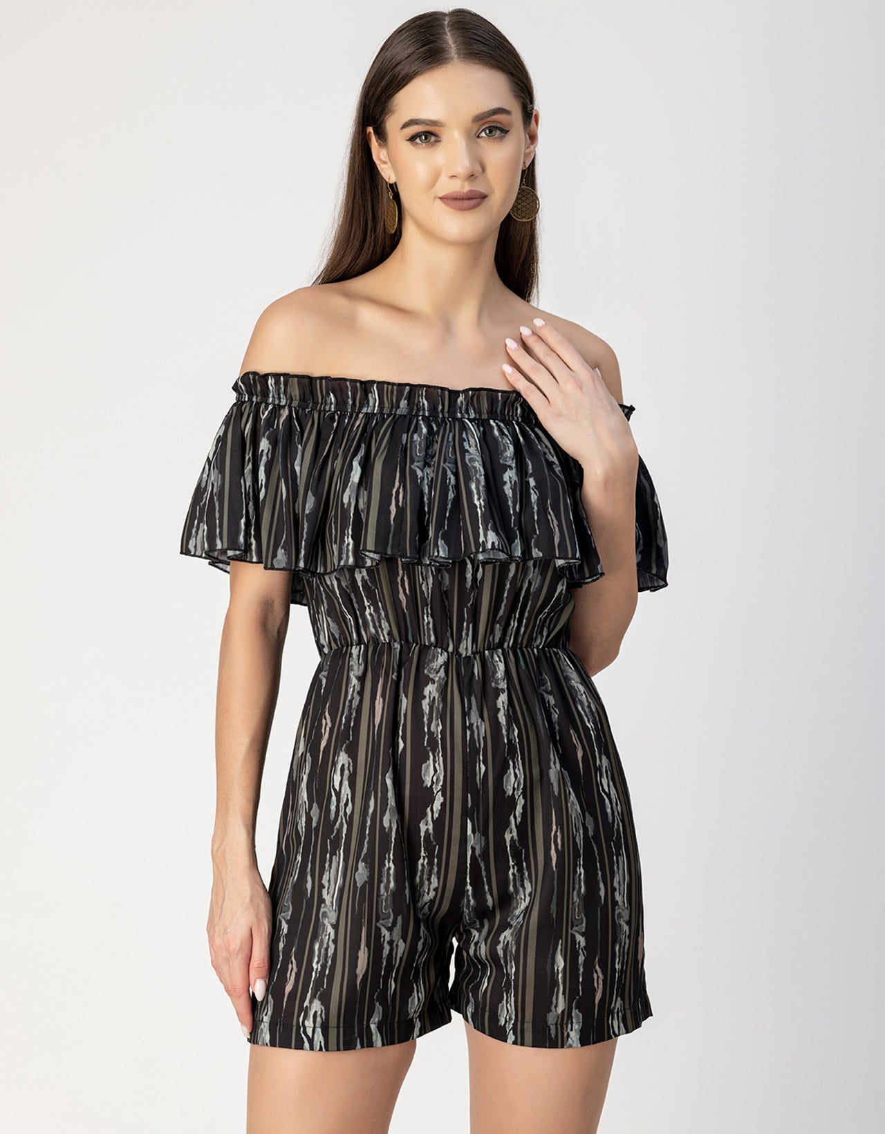 Chic Printed Off Shoulder Jumpsuit - Trendy Romper