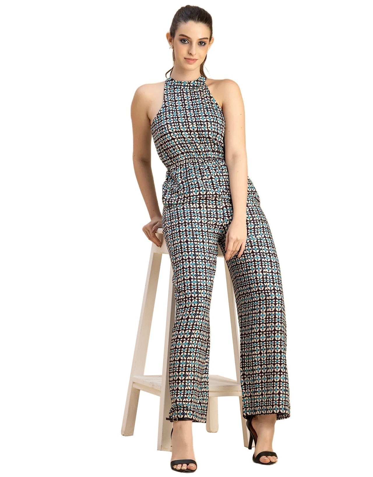 Halter Neck Full Leg Printed Rayon Jumpsuit