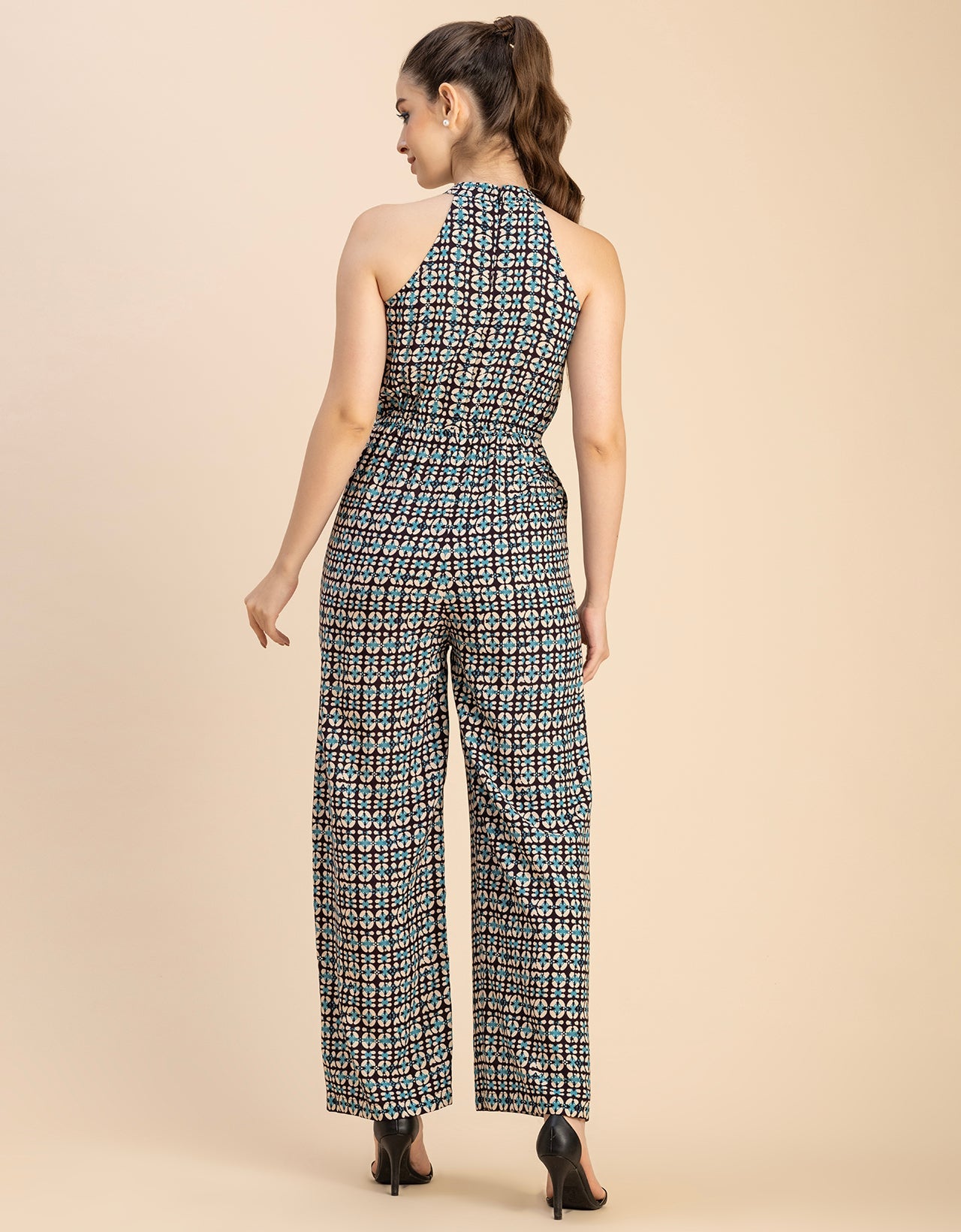 Halter Neck Full Leg Printed Rayon Jumpsuit
