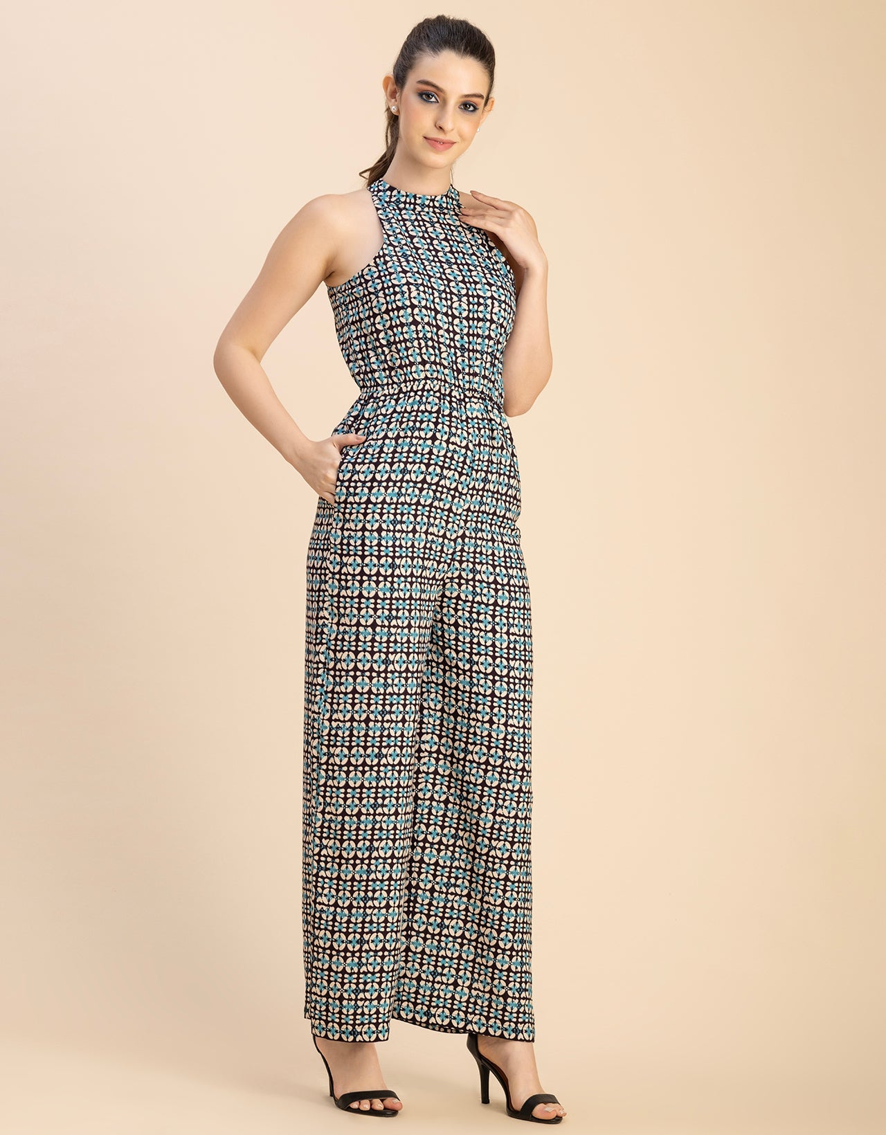 Halter Neck Full Leg Printed Rayon Jumpsuit