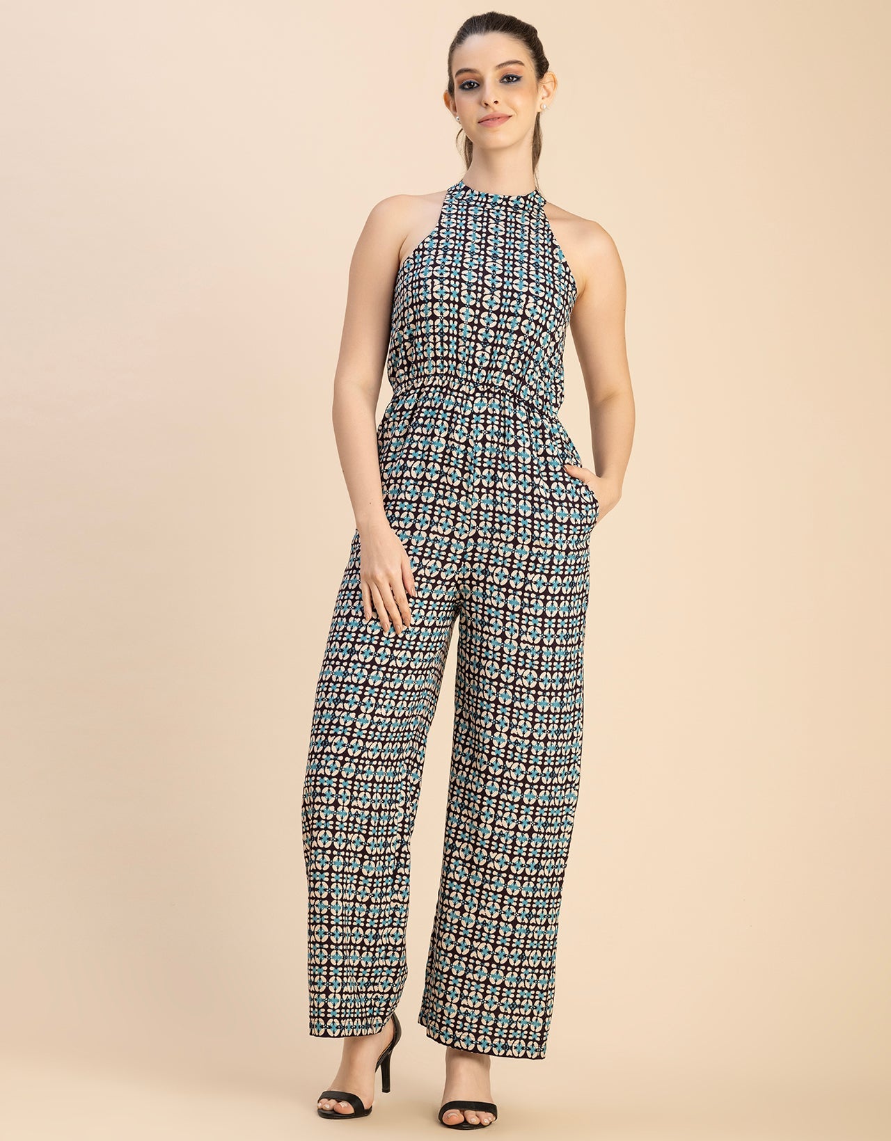 Halter Neck Full Leg Printed Rayon Jumpsuit