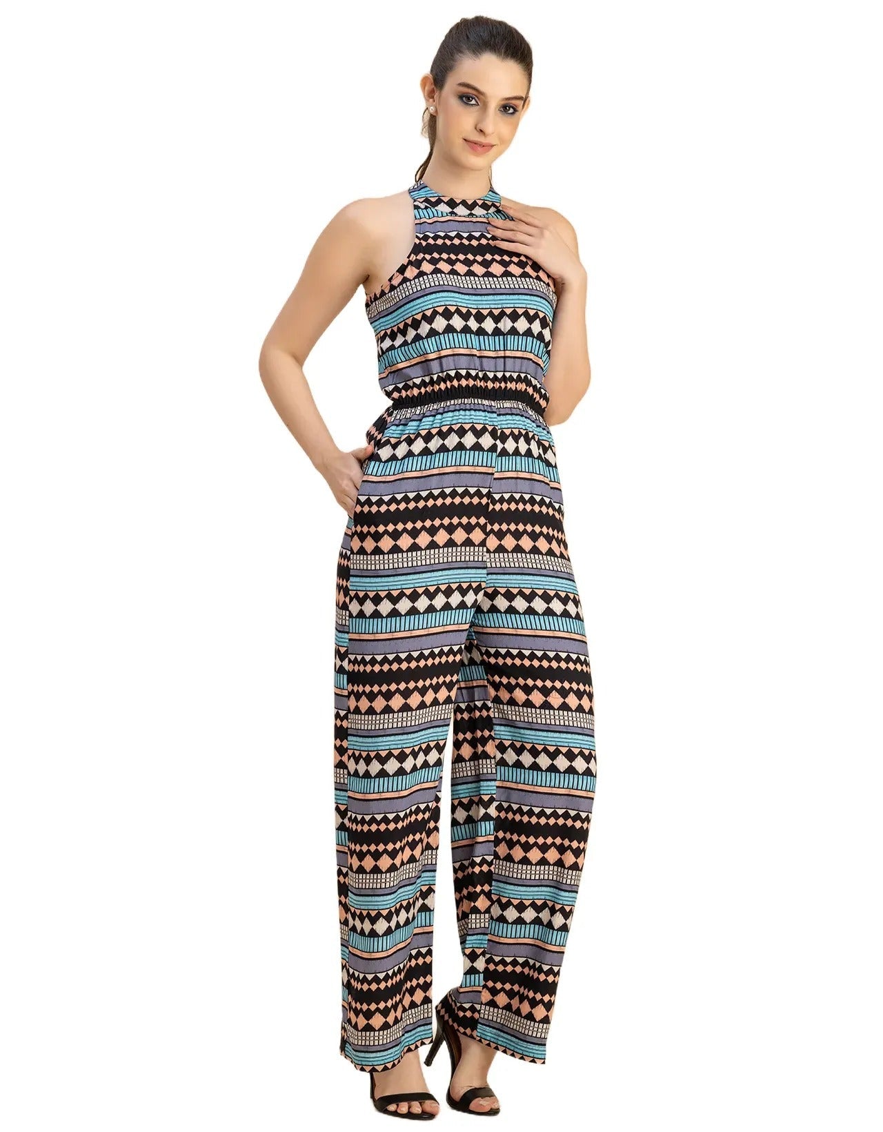 Halter Neck Full Leg Printed Rayon Jumpsuit