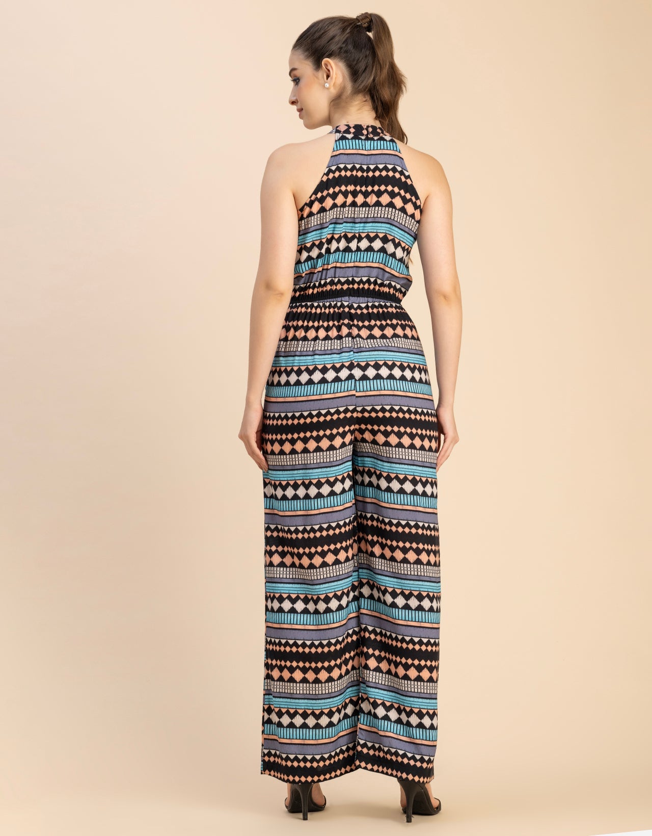 Halter Neck Full Leg Printed Rayon Jumpsuit