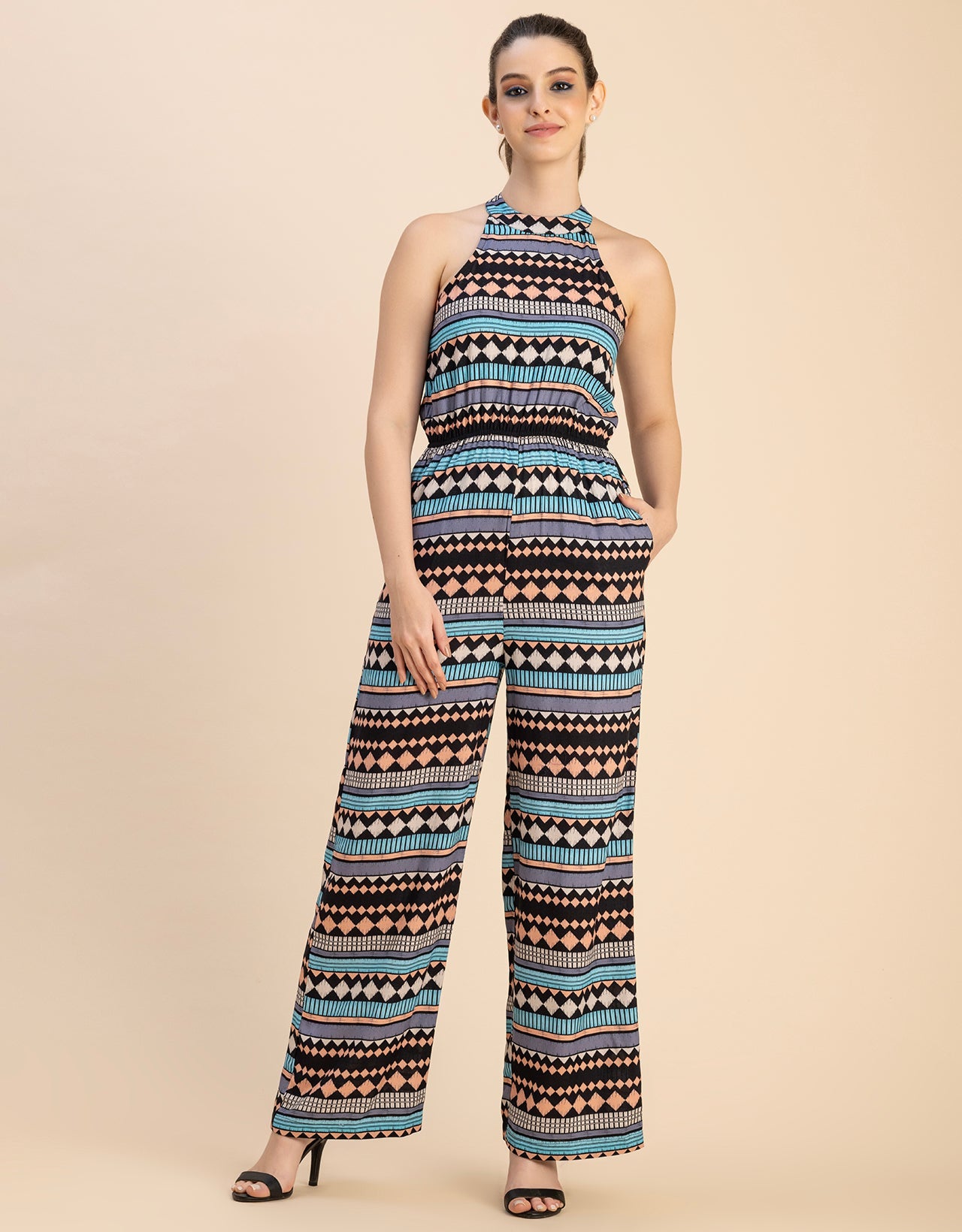 Halter Neck Full Leg Printed Rayon Jumpsuit