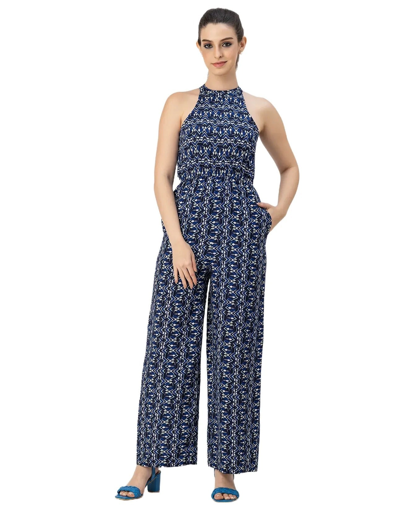 Halter Neck Full Leg Printed Rayon Jumpsuit