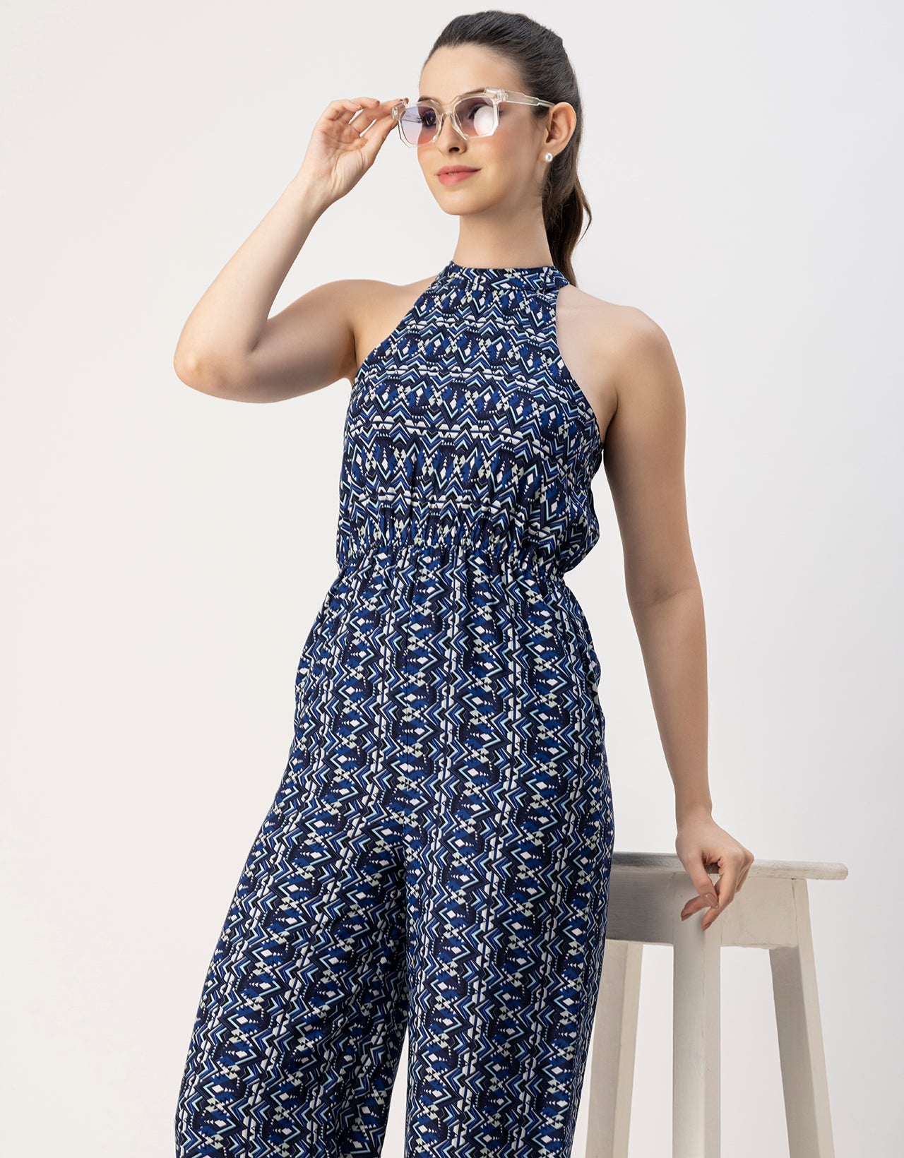 Halter Neck Full Leg Printed Rayon Jumpsuit