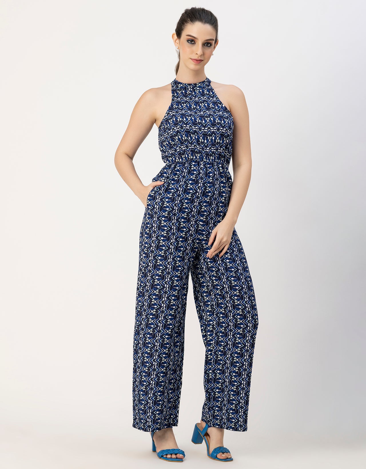Halter Neck Full Leg Printed Rayon Jumpsuit