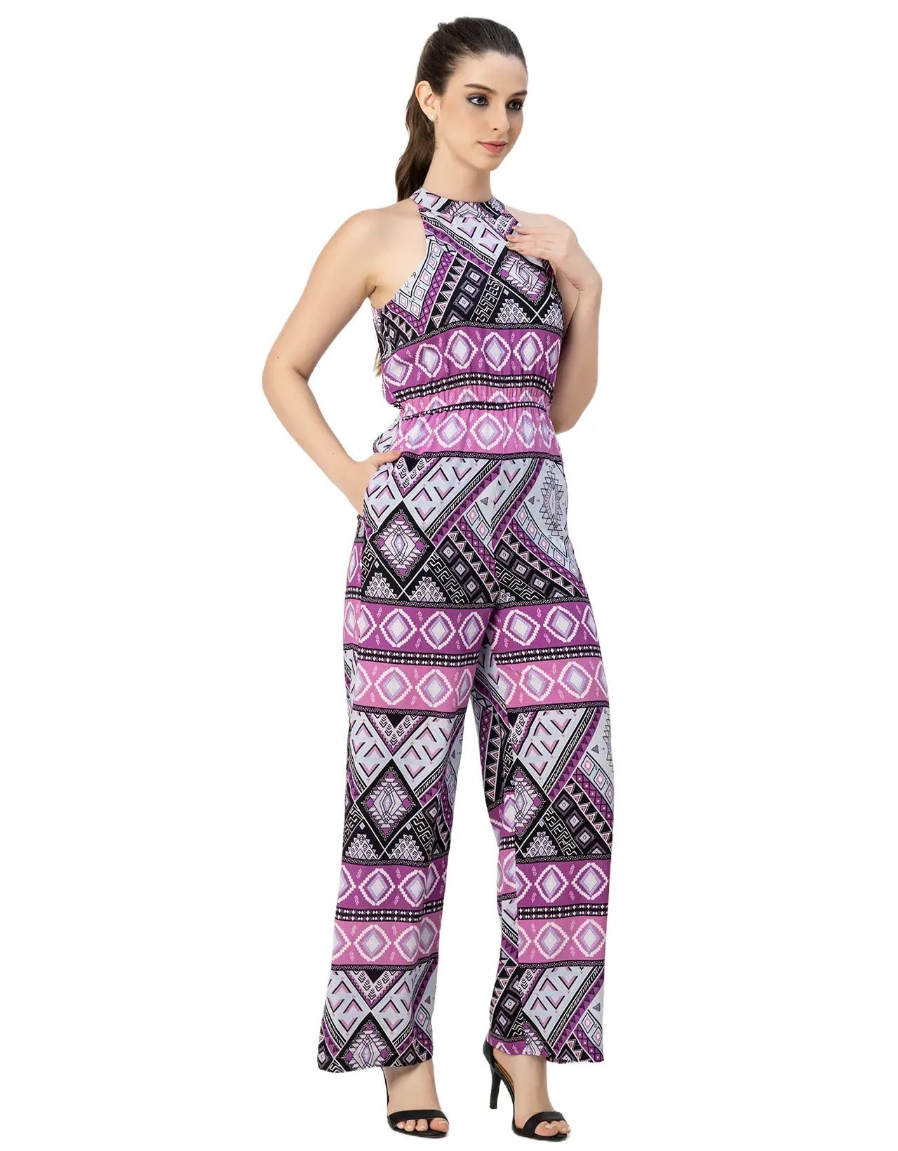 Halter Neck Full Leg Printed Rayon Jumpsuit