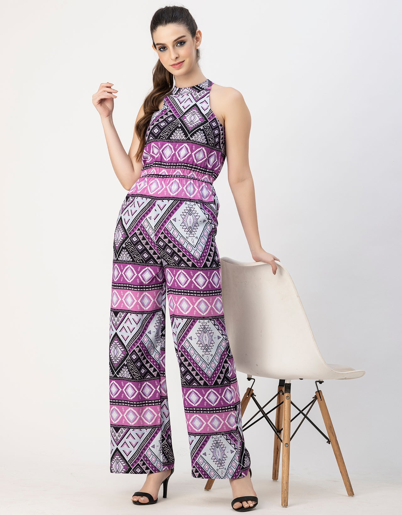Halter Neck Full Leg Printed Rayon Jumpsuit