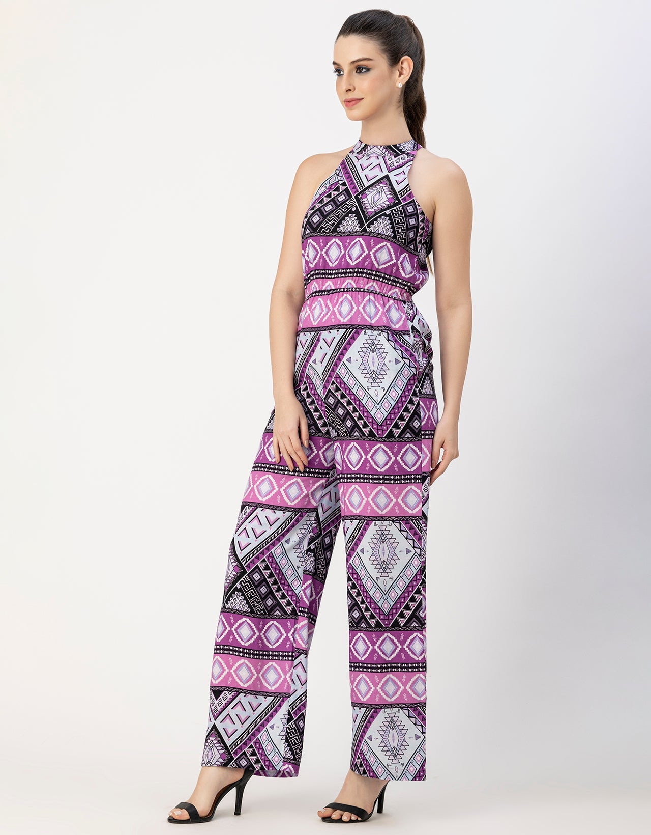 Halter Neck Full Leg Printed Rayon Jumpsuit