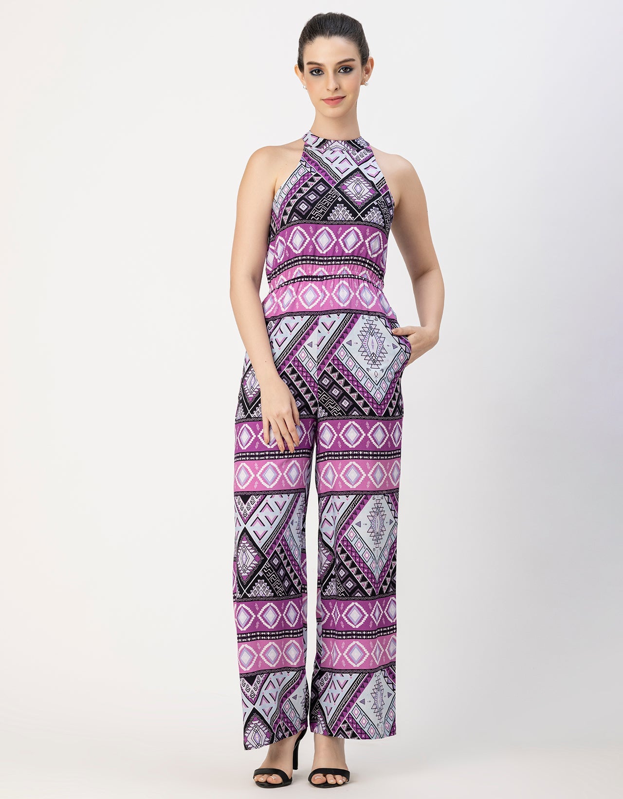 Halter Neck Full Leg Printed Rayon Jumpsuit