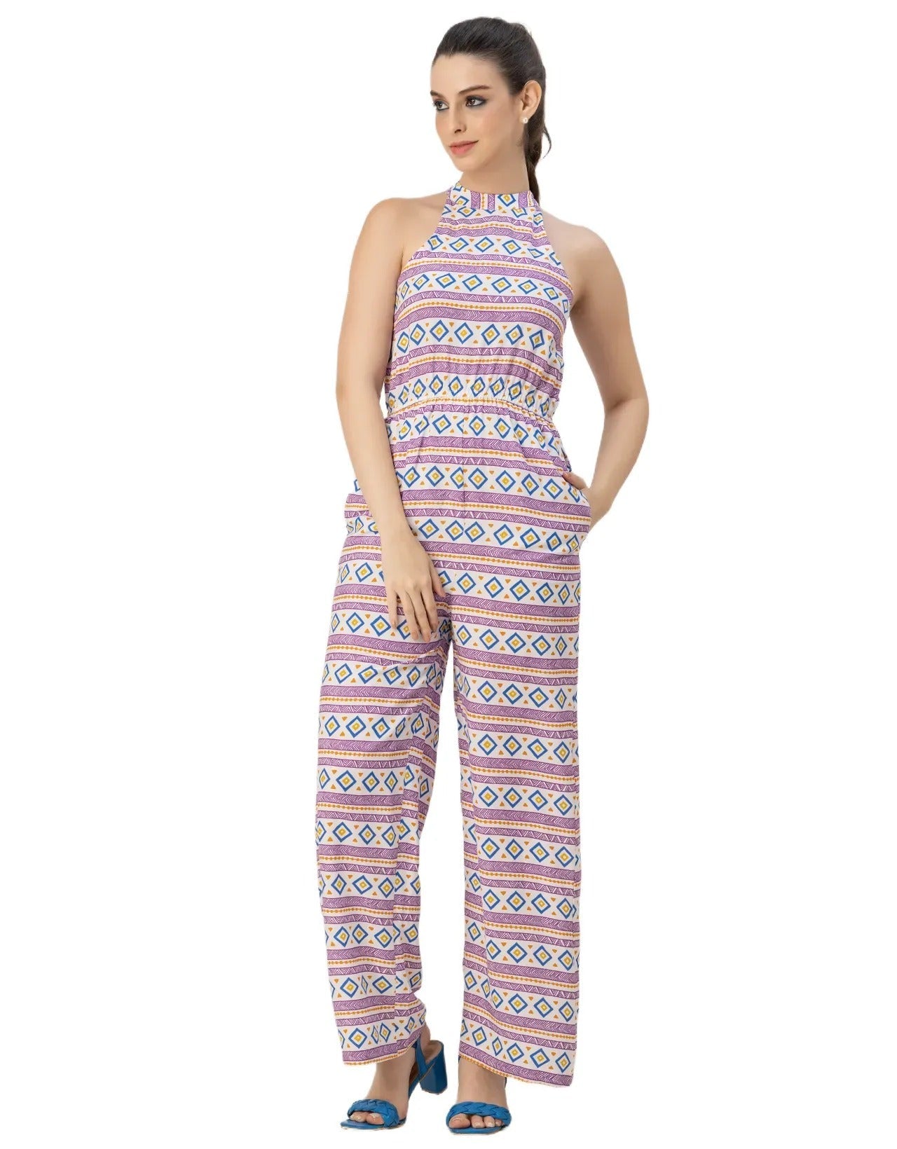 Halter Neck Full Leg Printed Rayon Jumpsuit