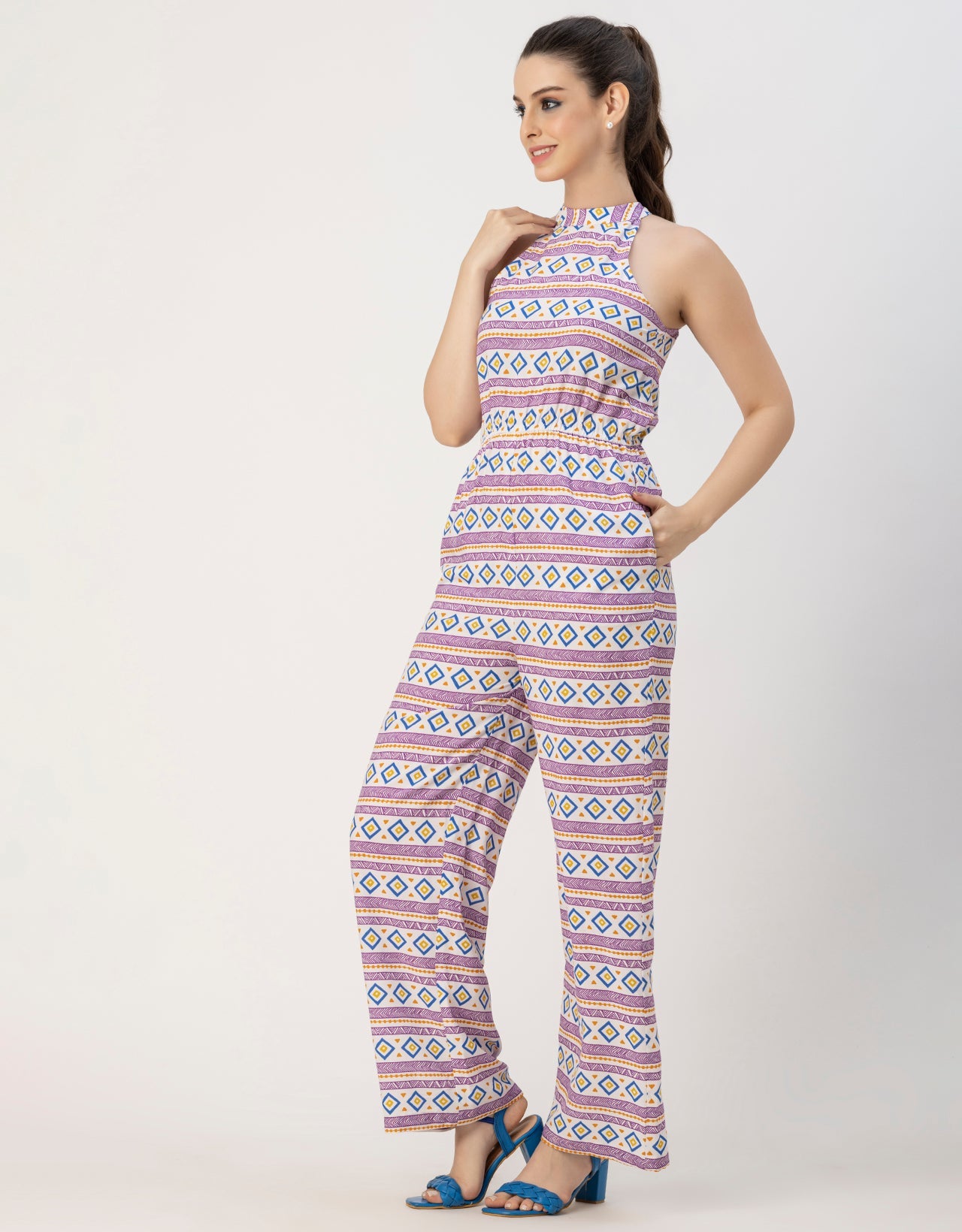 Halter Neck Full Leg Printed Rayon Jumpsuit