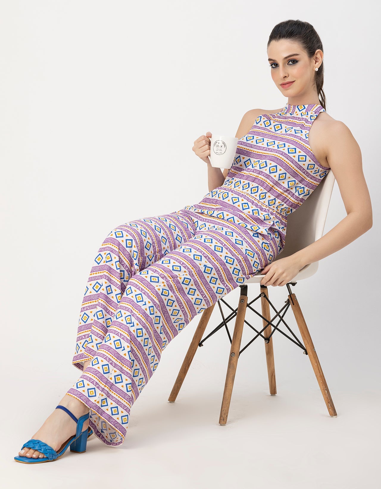 Halter Neck Full Leg Printed Rayon Jumpsuit