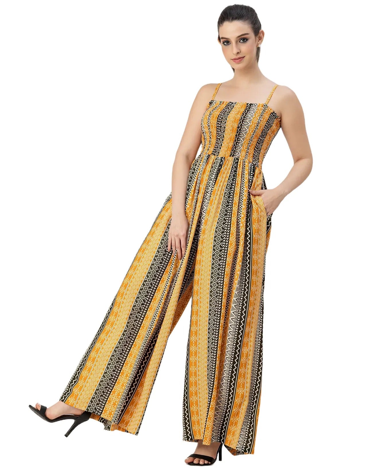 Shoulder Straps Full Leg Printed Rayon Jumpsuit