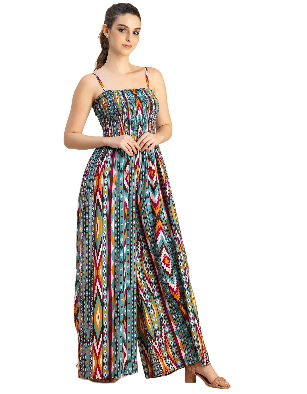 Shoulder Straps Full Leg Printed Rayon Jumpsuit