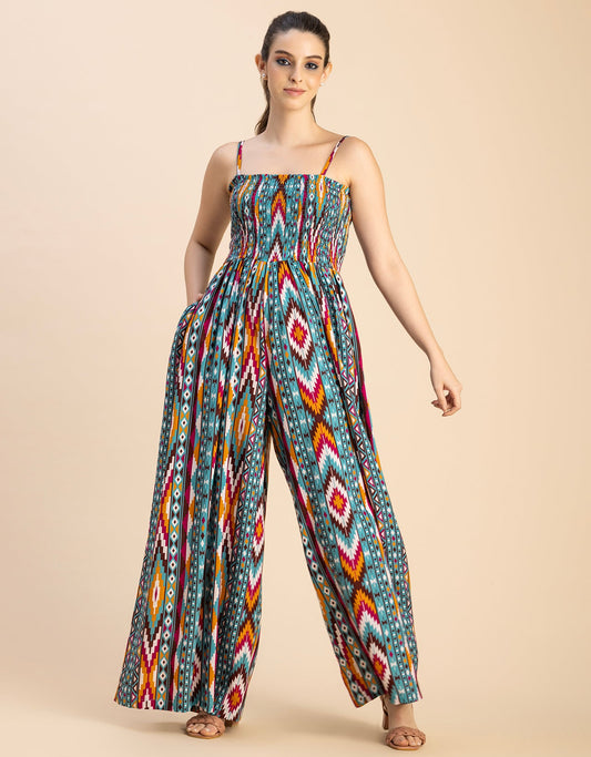 Shoulder Straps Full Leg Printed Rayon Jumpsuit