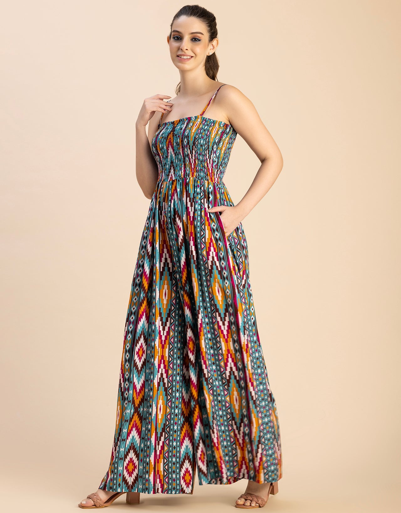 Shoulder Straps Full Leg Printed Rayon Jumpsuit