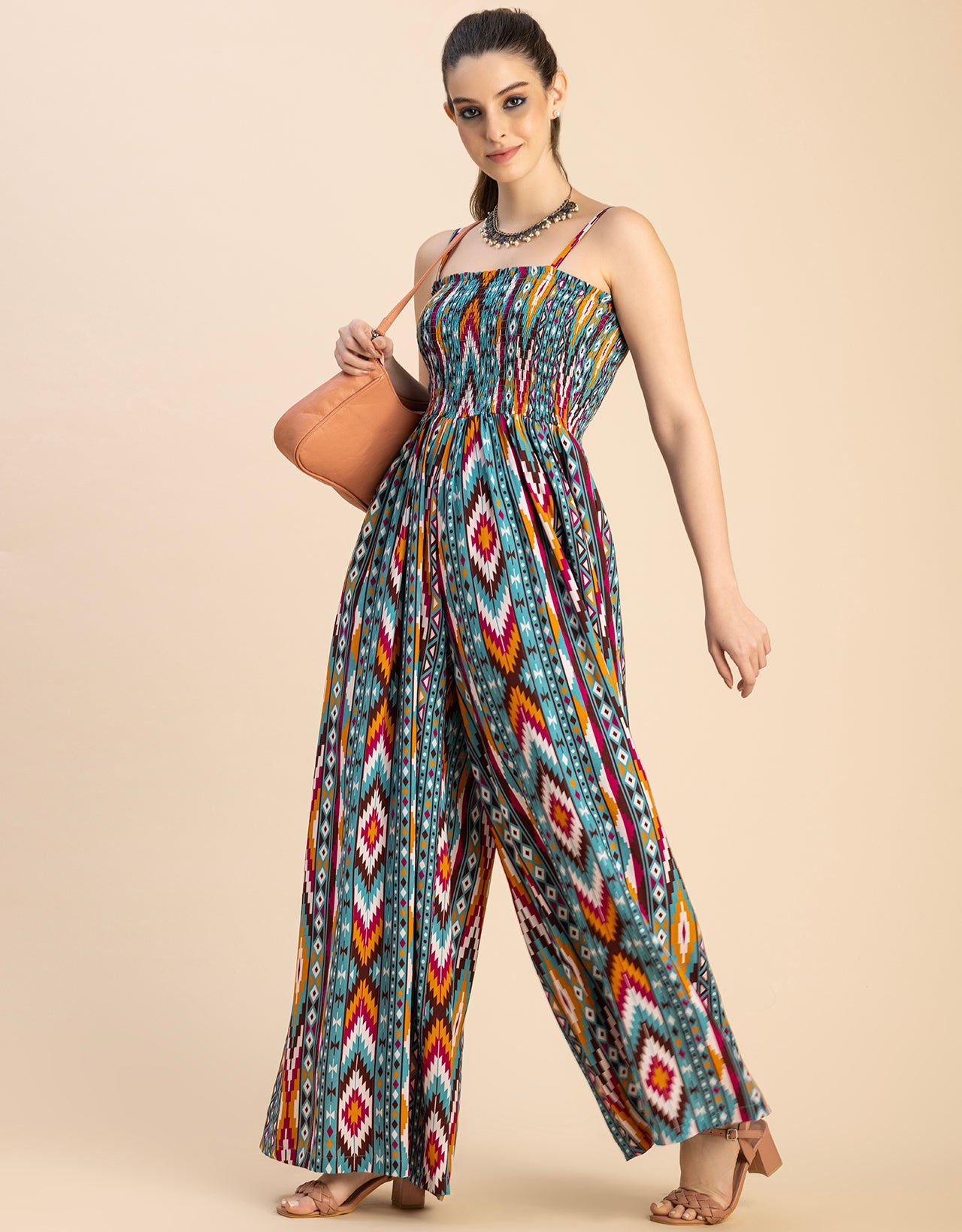 Shoulder Straps Full Leg Printed Rayon Jumpsuit