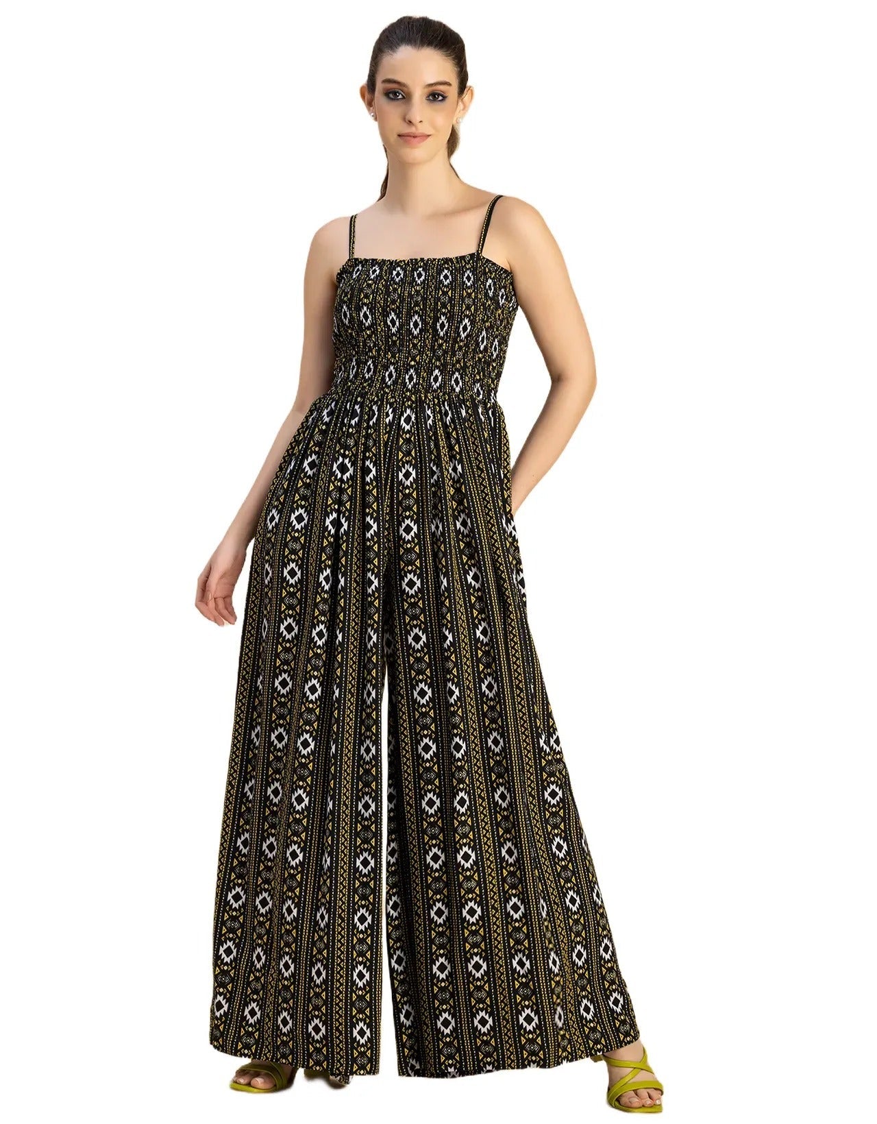 Shoulder Straps Full Leg Printed Rayon Jumpsuit