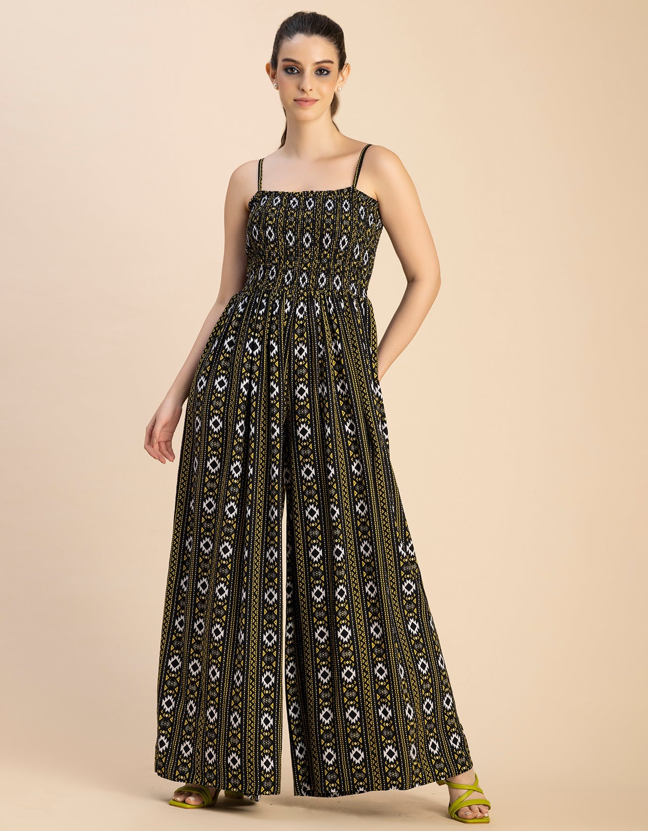 Shoulder Straps Full Leg Printed Rayon Jumpsuit