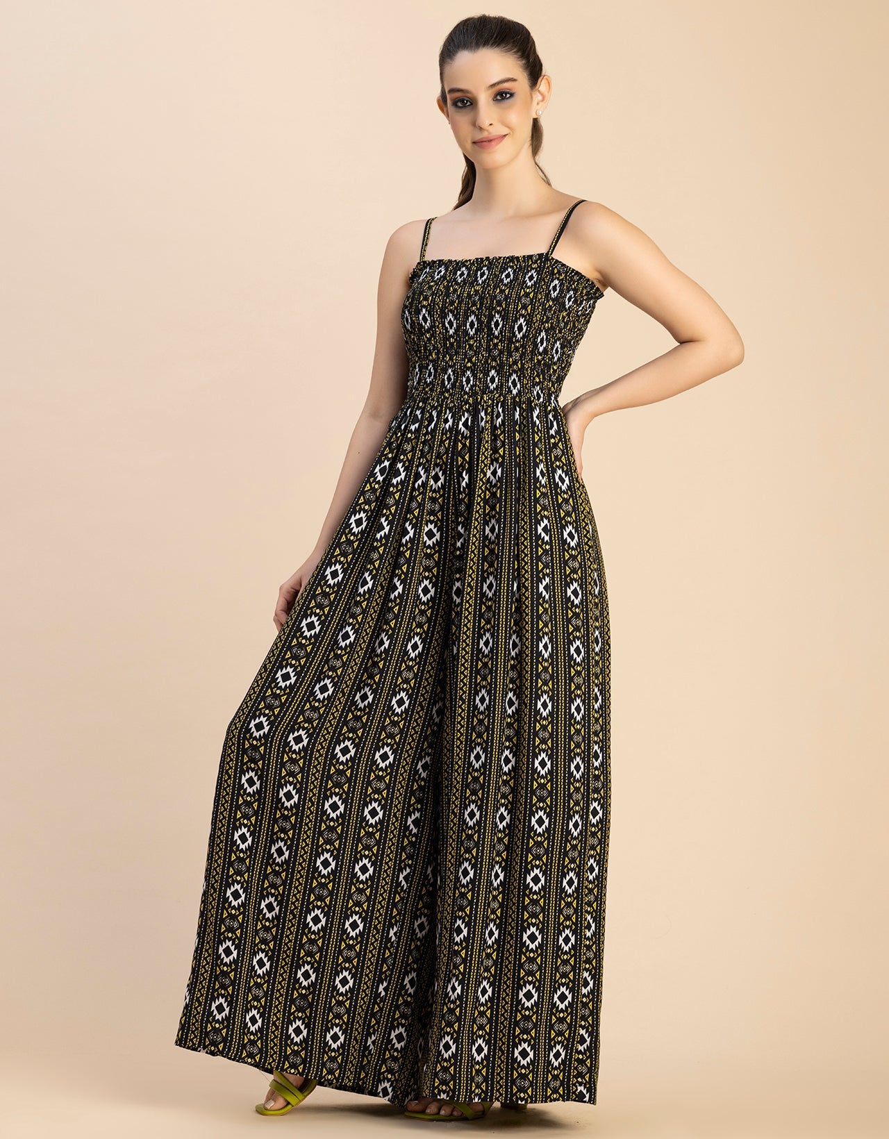 Shoulder Straps Full Leg Printed Rayon Jumpsuit