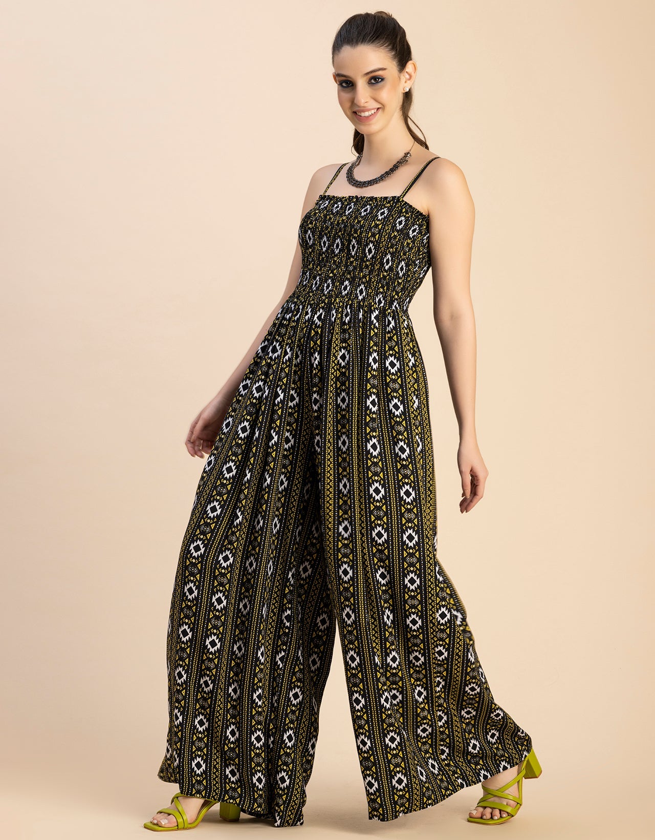 Shoulder Straps Full Leg Printed Rayon Jumpsuit