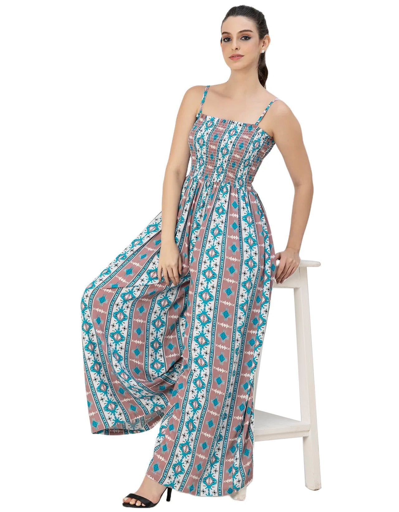 Shoulder Straps Full Leg Printed Rayon Jumpsuit