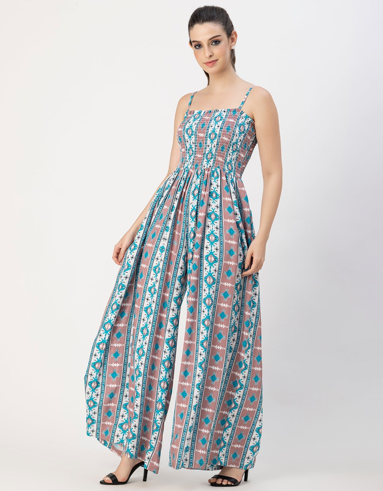 Shoulder Straps Full Leg Printed Rayon Jumpsuit