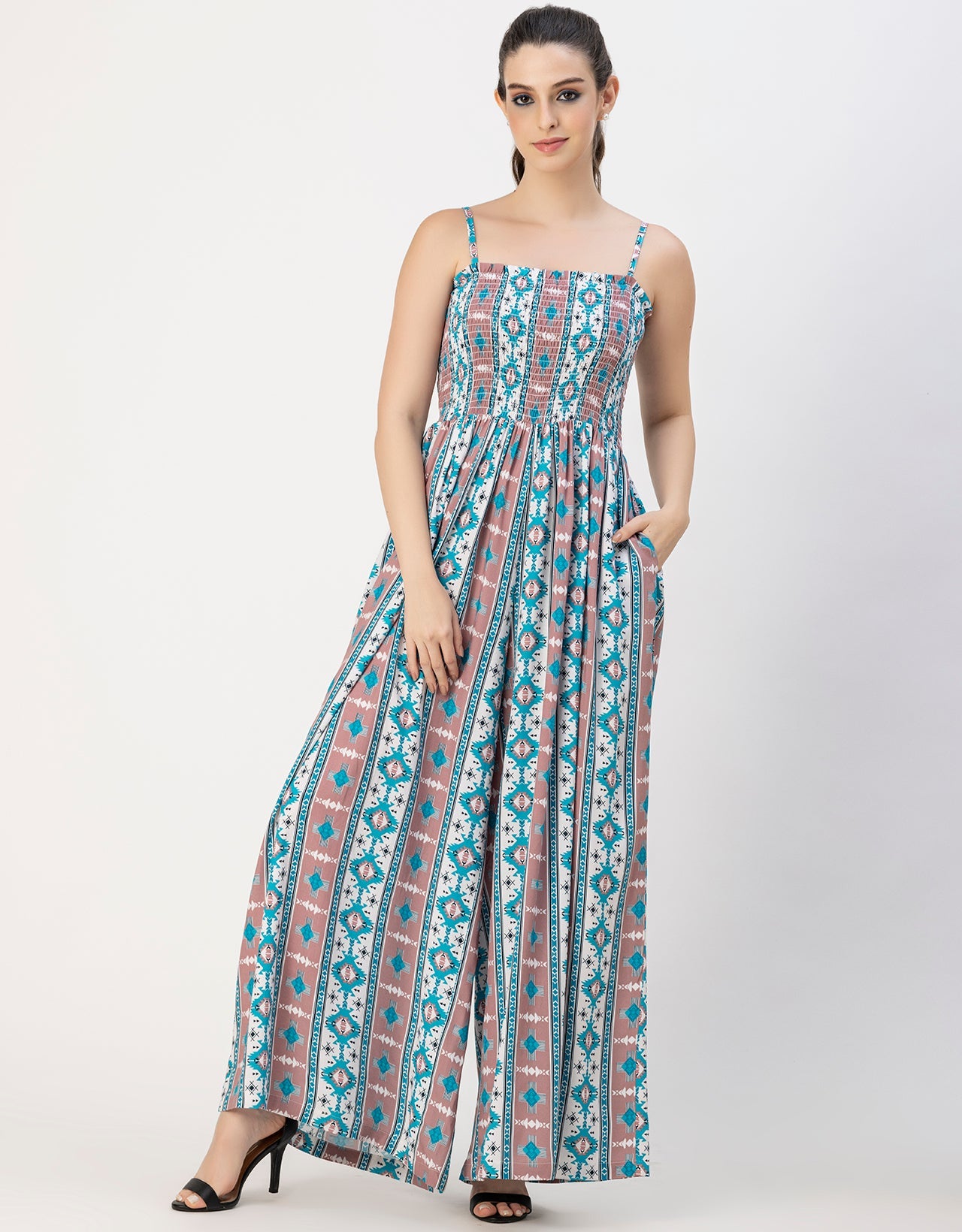 Shoulder Straps Full Leg Printed Rayon Jumpsuit
