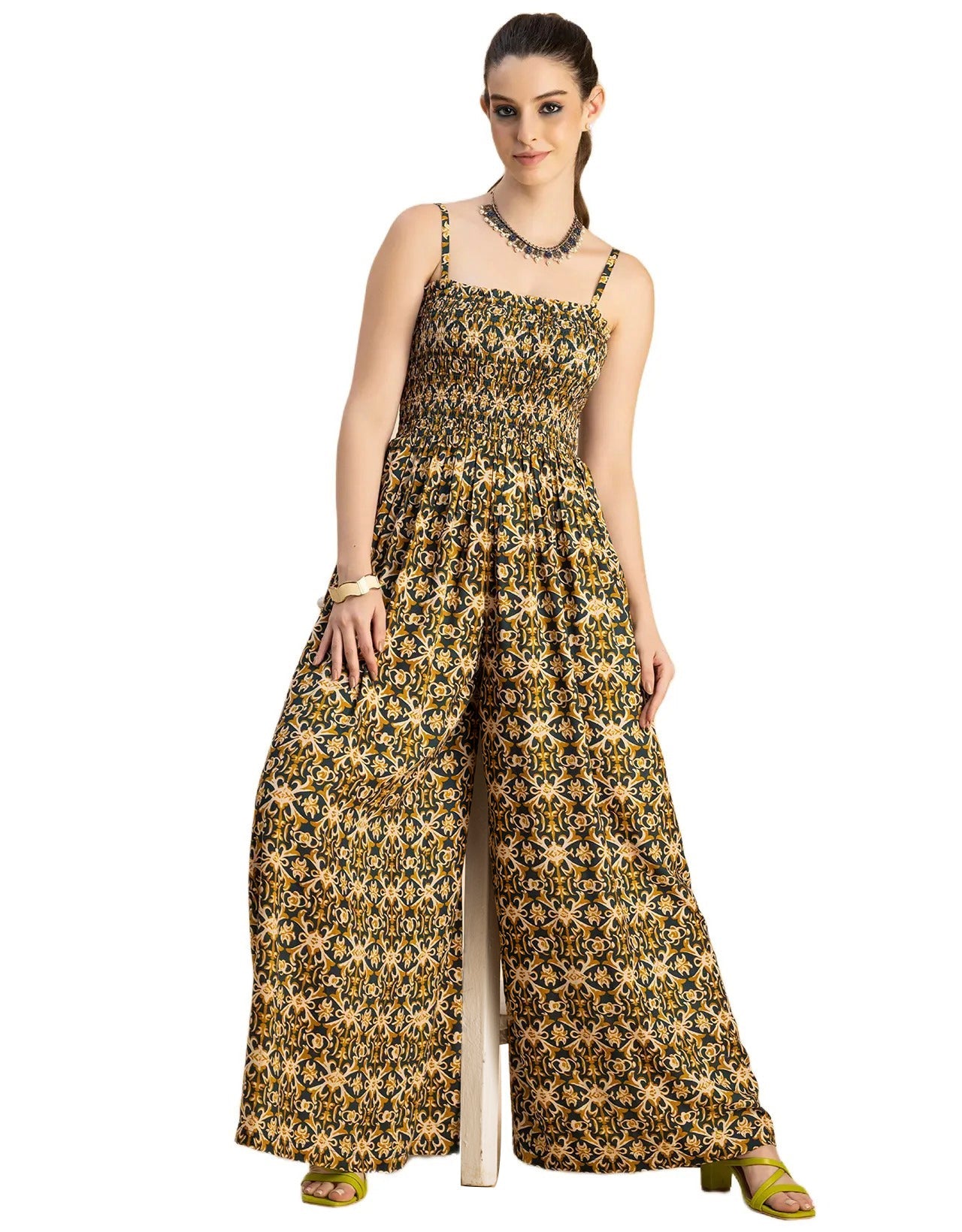 Shoulder Straps Full Leg Printed Rayon Jumpsuit