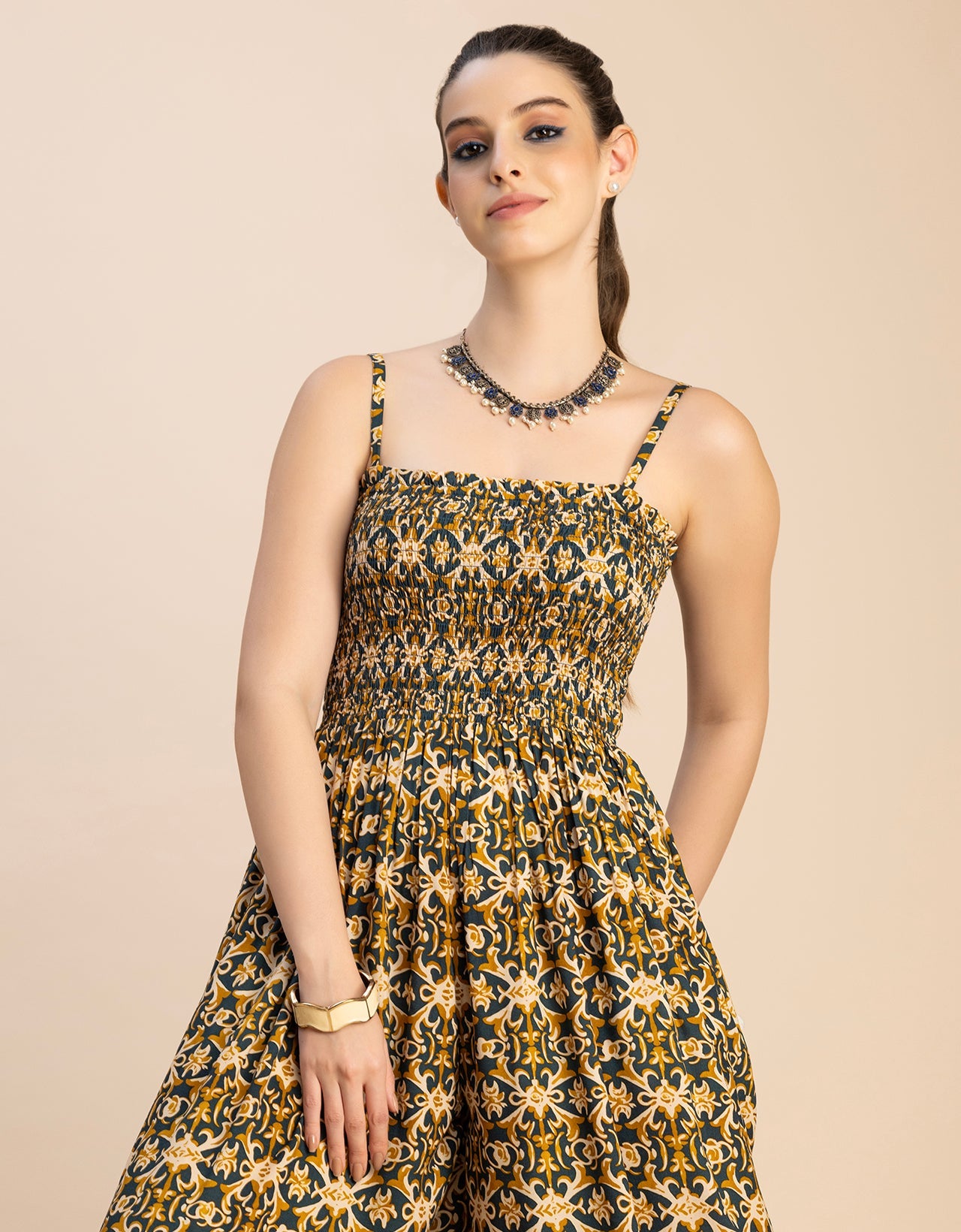 Shoulder Straps Full Leg Printed Rayon Jumpsuit