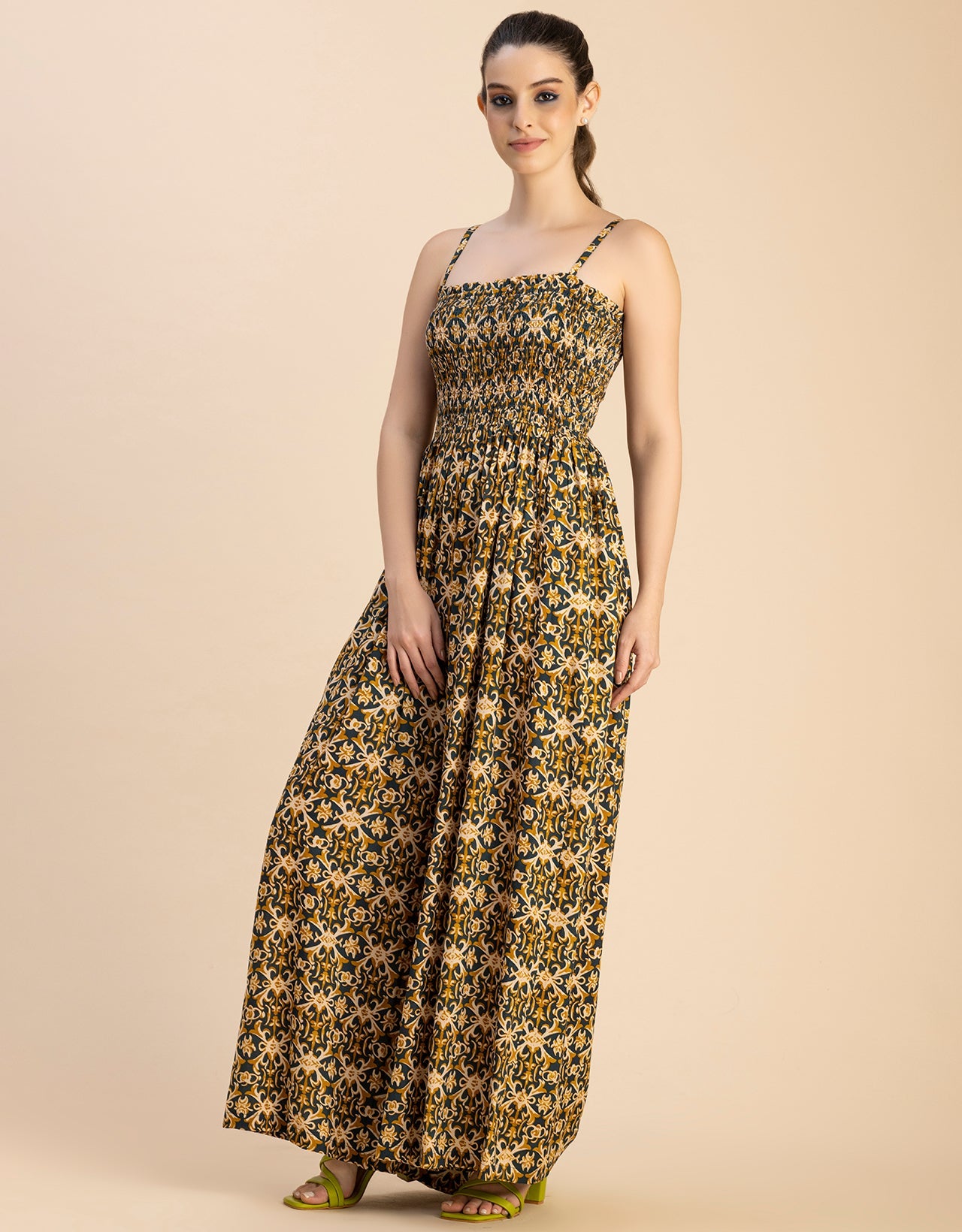 Shoulder Straps Full Leg Printed Rayon Jumpsuit