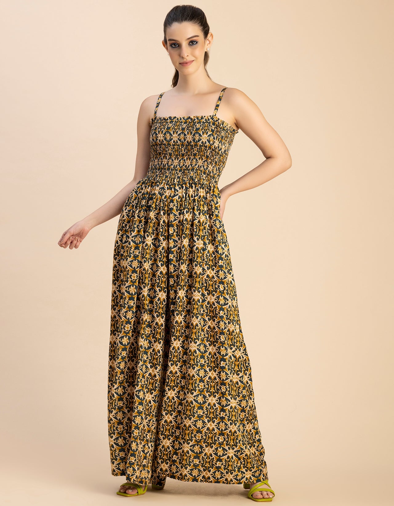 Shoulder Straps Full Leg Printed Rayon Jumpsuit