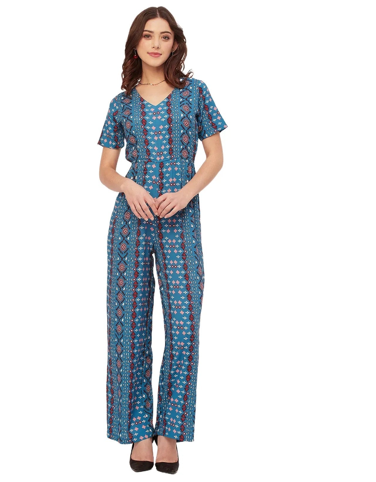 Short Sleeve Full Leg Printed Rayon Jumpsuit
