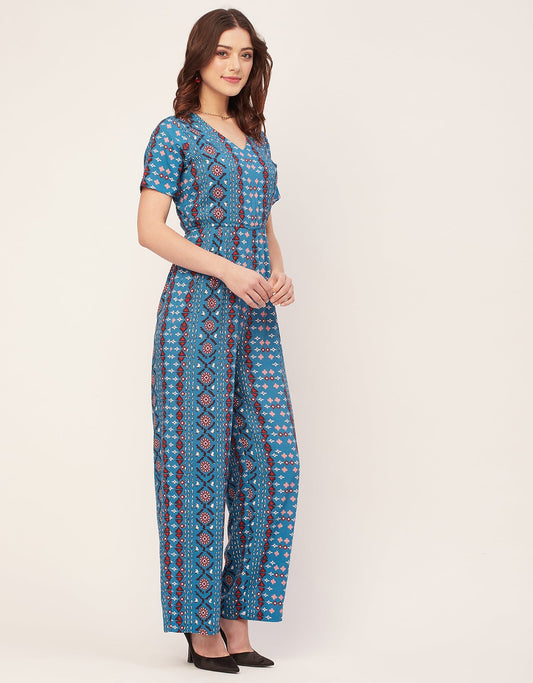 Short Sleeve Full Leg Printed Rayon Jumpsuit