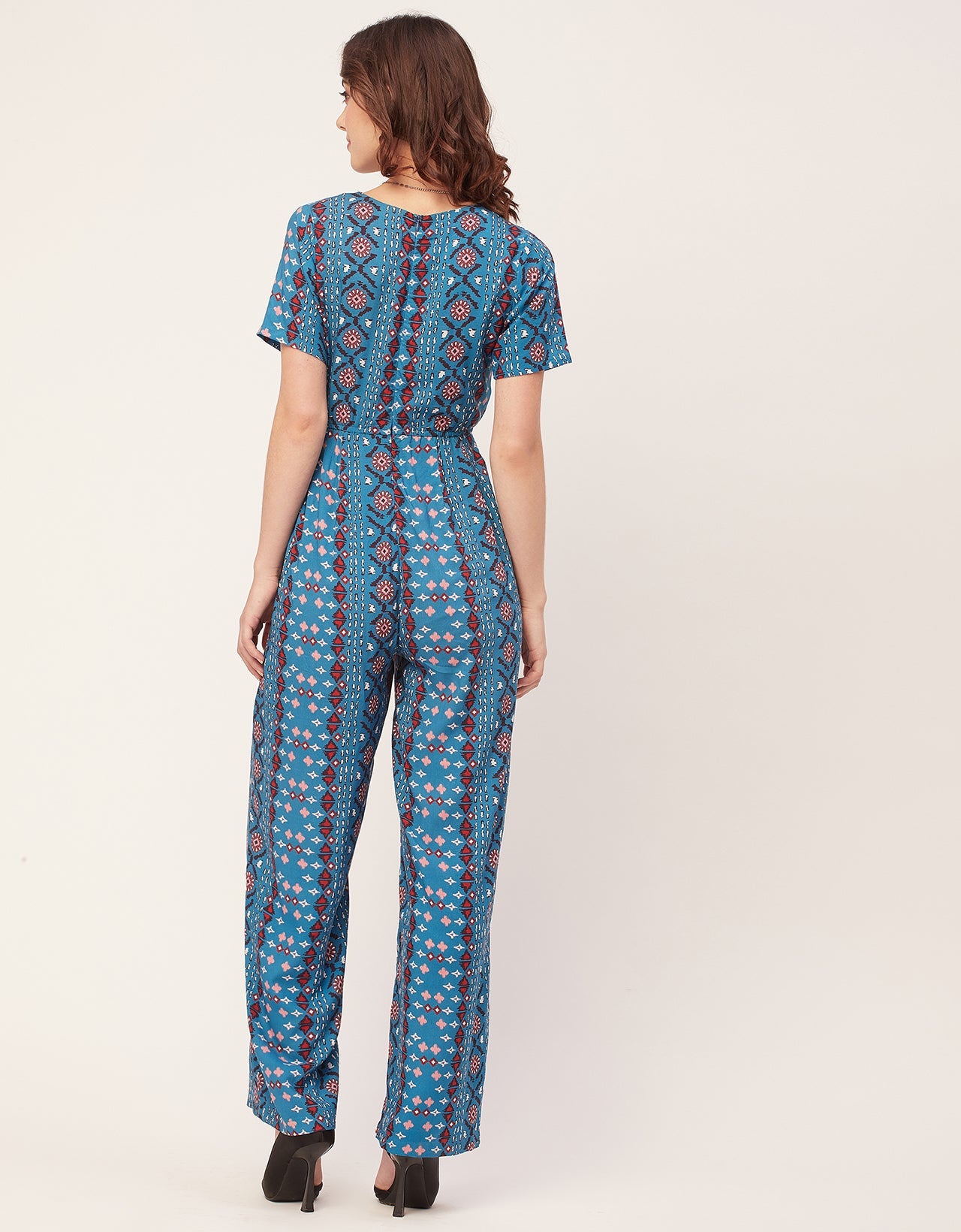 Short Sleeve Full Leg Printed Rayon Jumpsuit