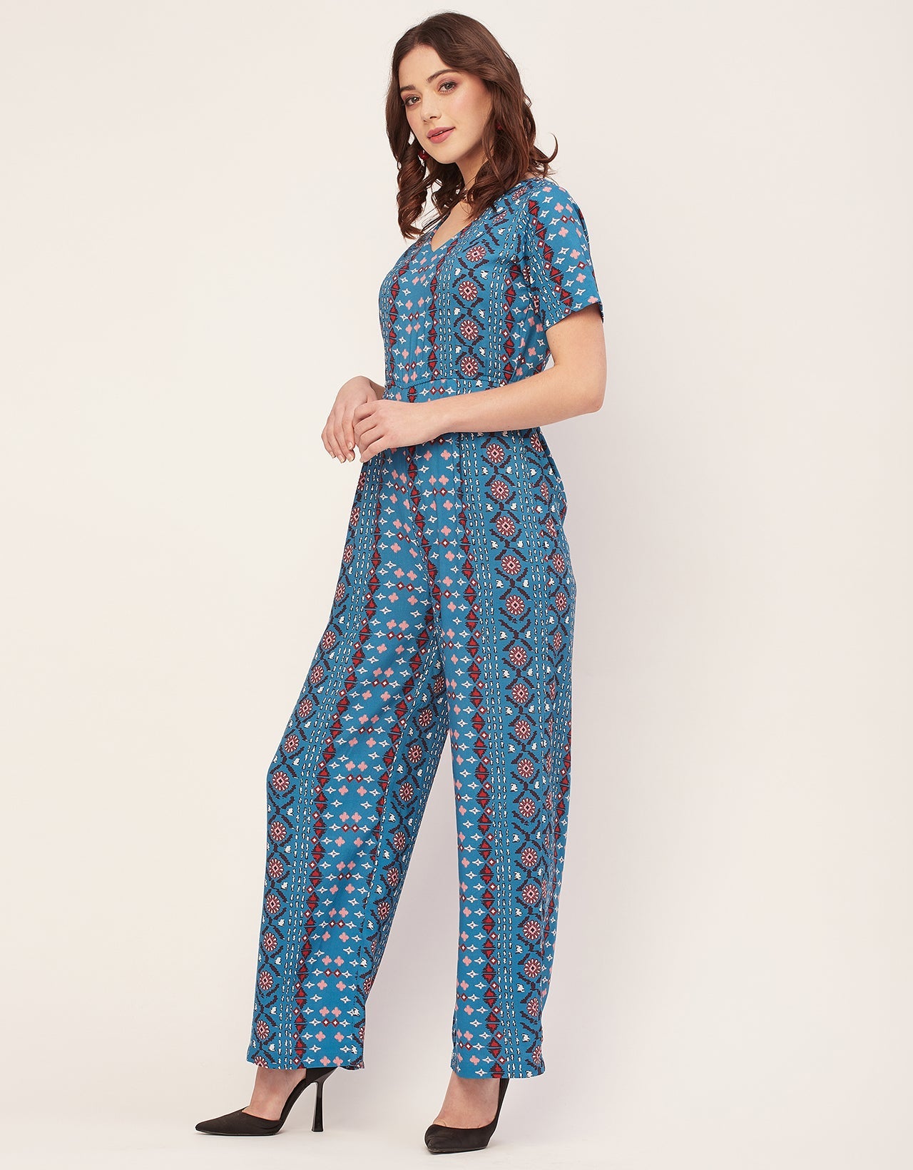 Short Sleeve Full Leg Printed Rayon Jumpsuit