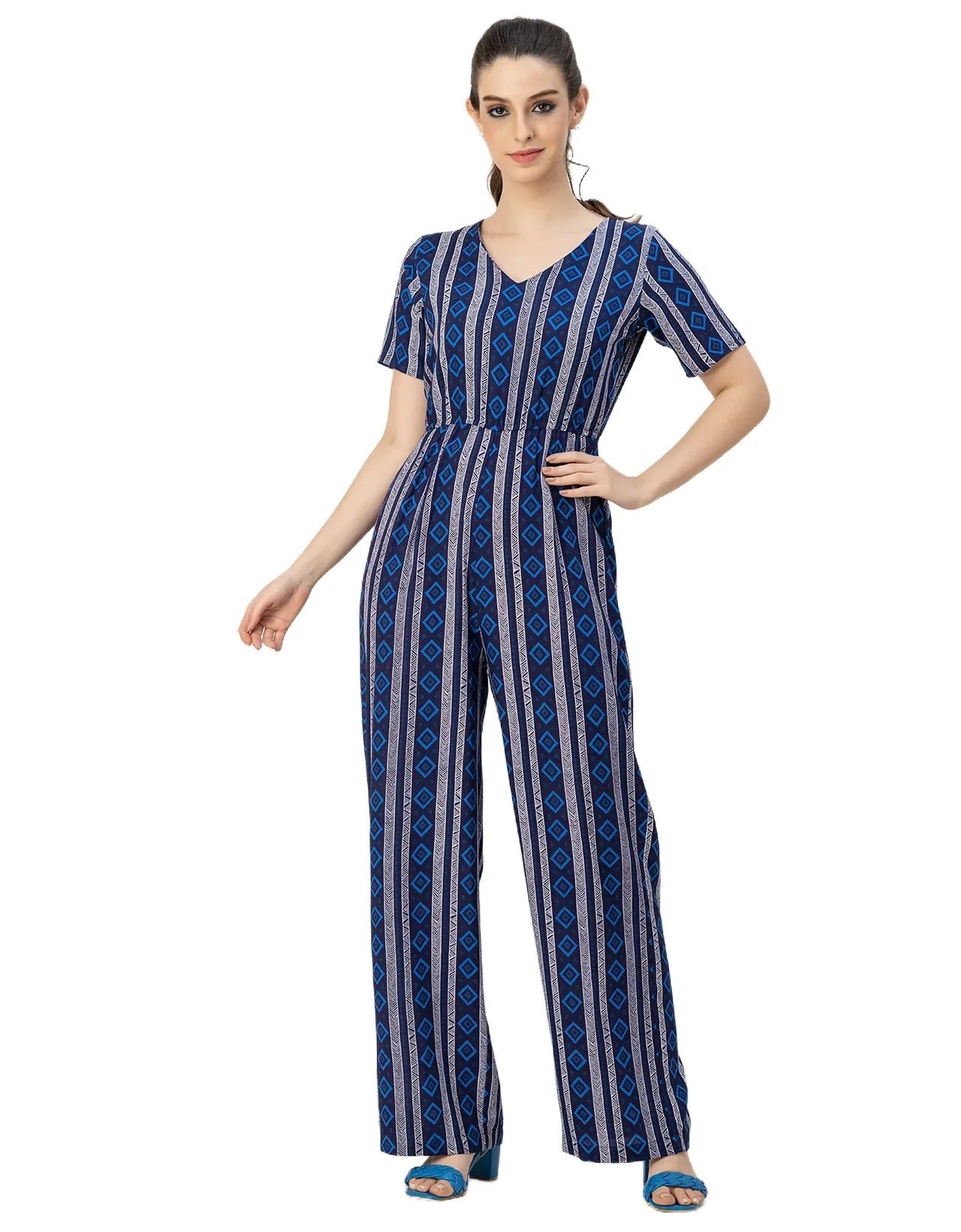 Short Sleeve Full Leg Printed Rayon Jumpsuit