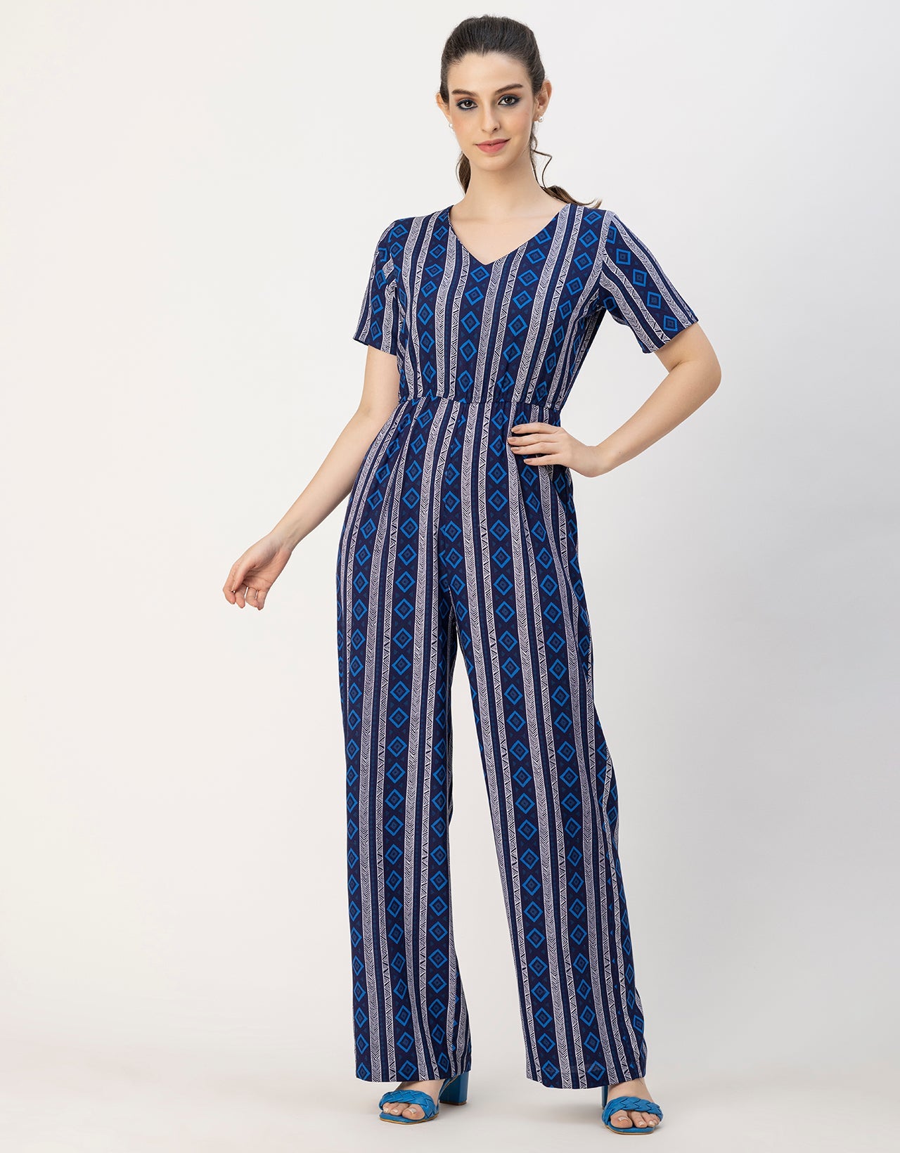 Short Sleeve Full Leg Printed Rayon Jumpsuit