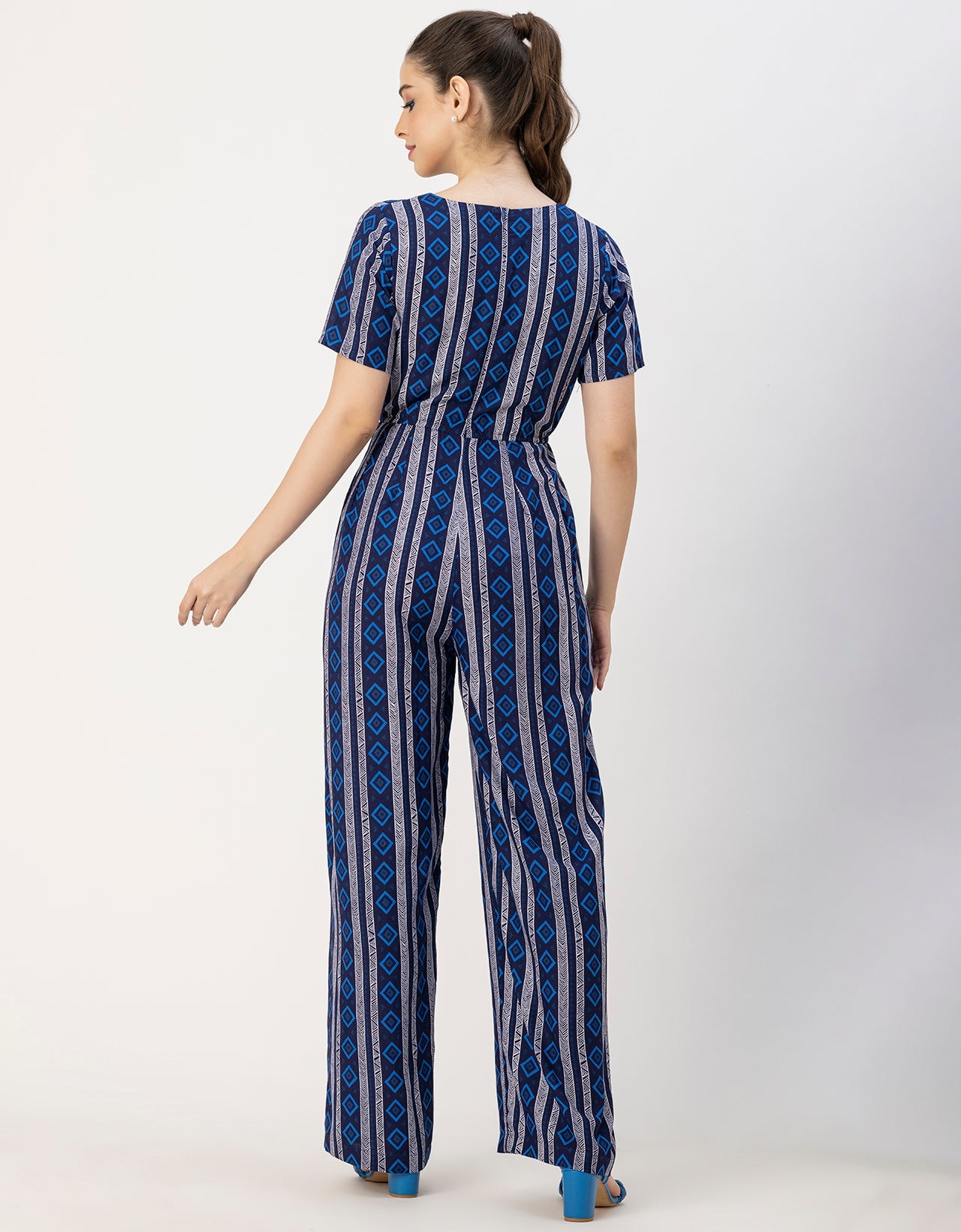 Short Sleeve Full Leg Printed Rayon Jumpsuit