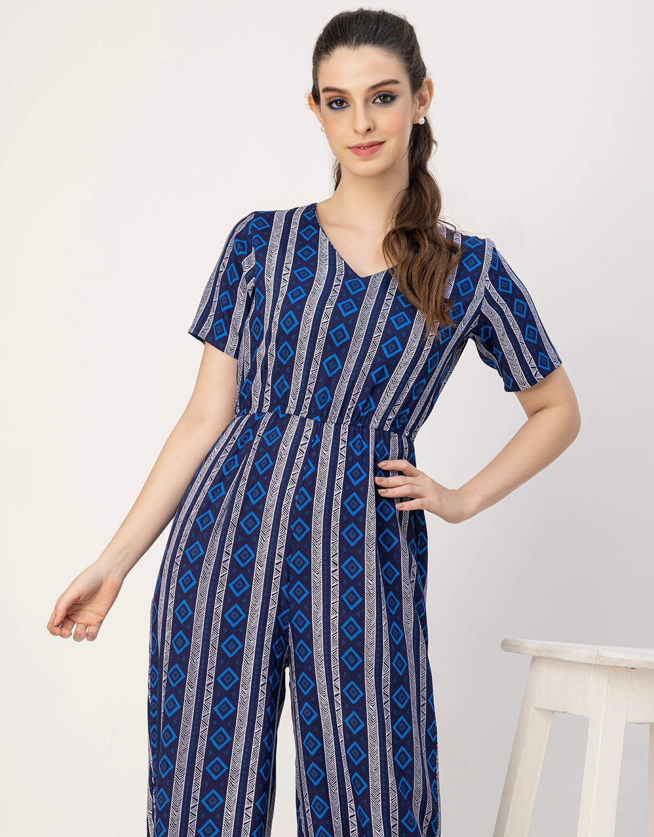 Short Sleeve Full Leg Printed Rayon Jumpsuit