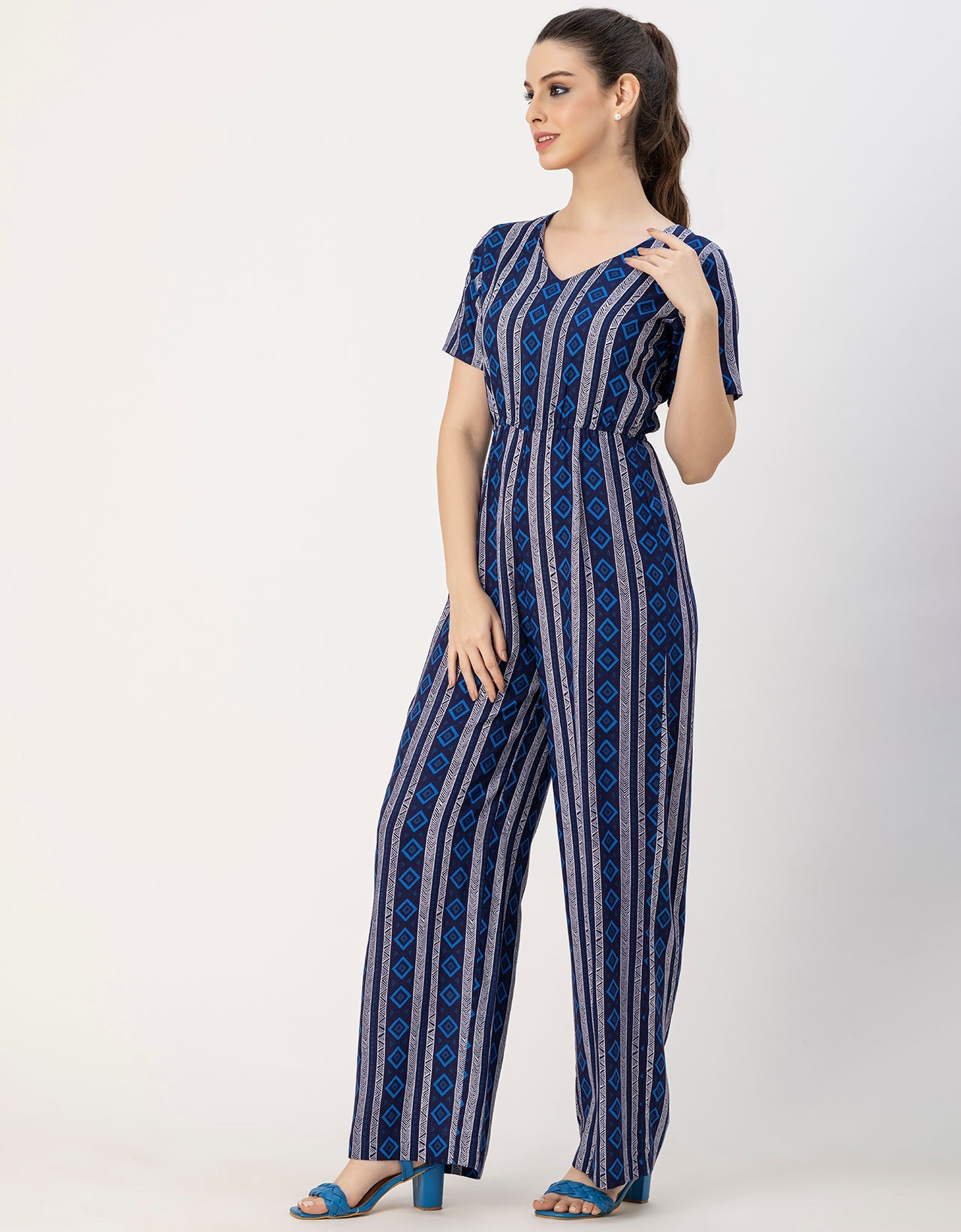 Short Sleeve Full Leg Printed Rayon Jumpsuit
