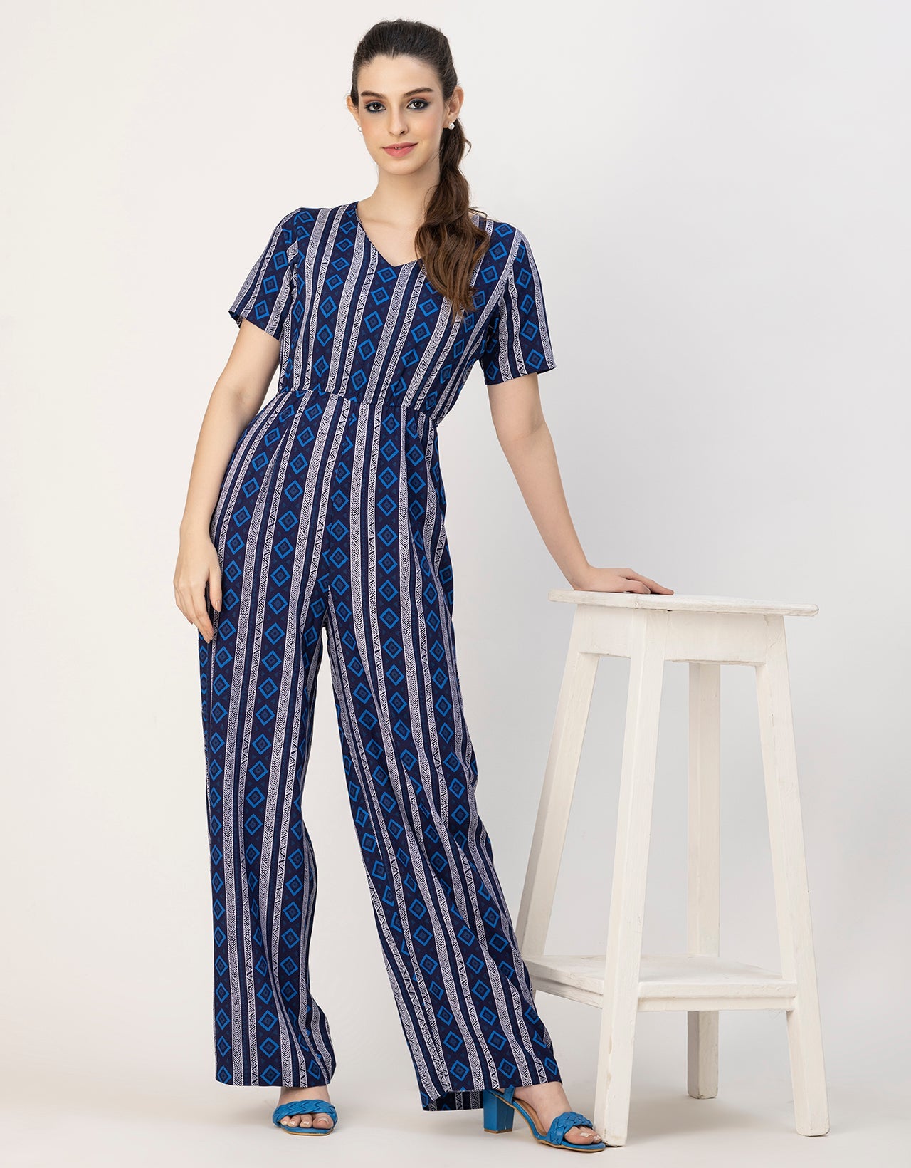 Short Sleeve Full Leg Printed Rayon Jumpsuit
